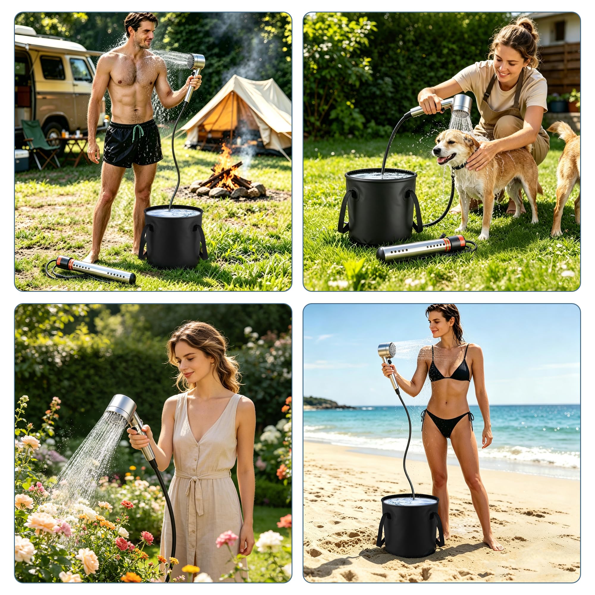 Tragbare Campingdusche mit Heizung, 6000 mAh wiederaufladbare tragbare Duschpumpe, 1500 W Warmwasser-Campingdusche mit 20 l Eimer, LED-Temperaturanzeige für Camping, Wandern, Wohnmobil
