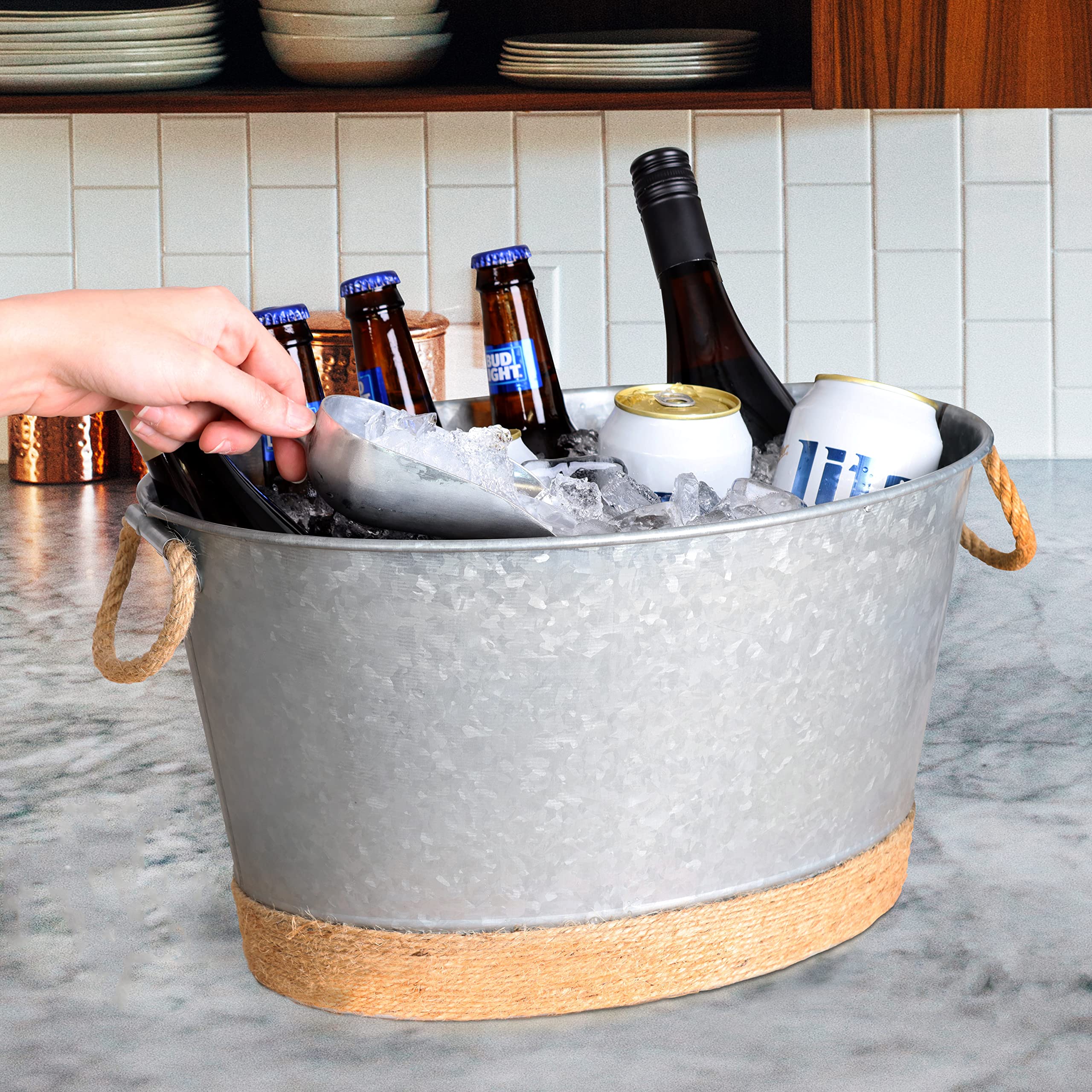 5.5 Gallon Galvanized Beverage Tub - 4 Pcs Non-Leaking Beverage Tub for Parties Includes Set of 2 Gallon Wine Bucket and 2 Ice Scoops - Ideal Wine Bucket for Parties with Rustic Boho Rope Handle