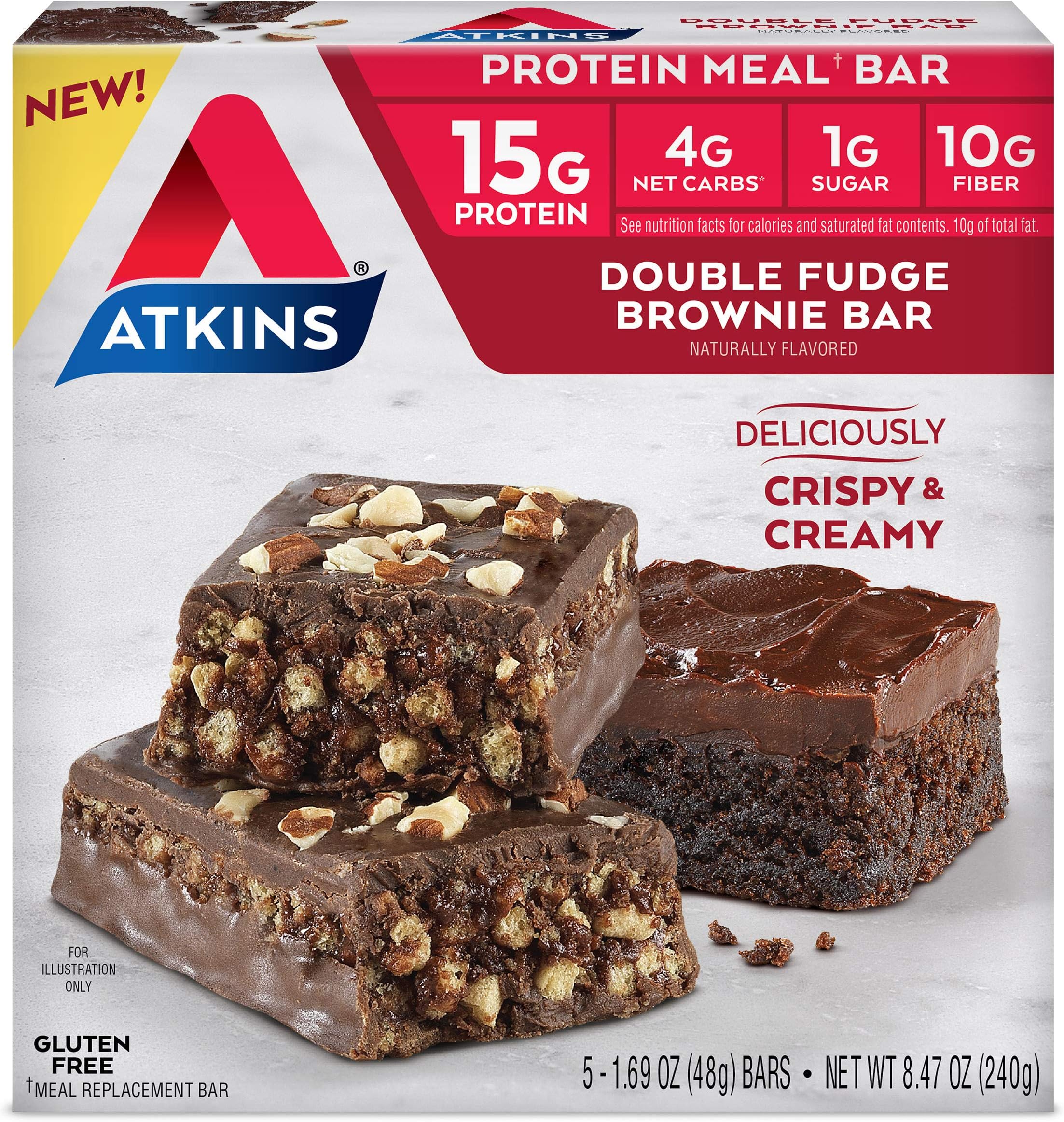 Atkins Double Fudge Brownie Protein Meal Bar, High Fiber, 15g Protein, 1g Sugar, 4g Net Carb, Meal Replacement, Keto Friendly
