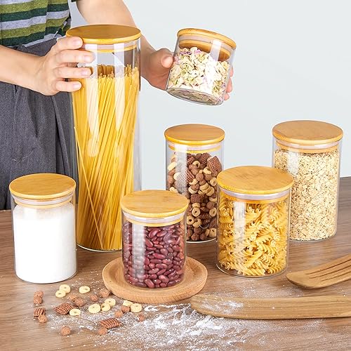 Miniatura 3 de Vtopmart Tarros de vidrio para almacenamiento de alimentos, paquete de 7 recipientes de cocina con tapas herméticas de madera de bambú para pasta,