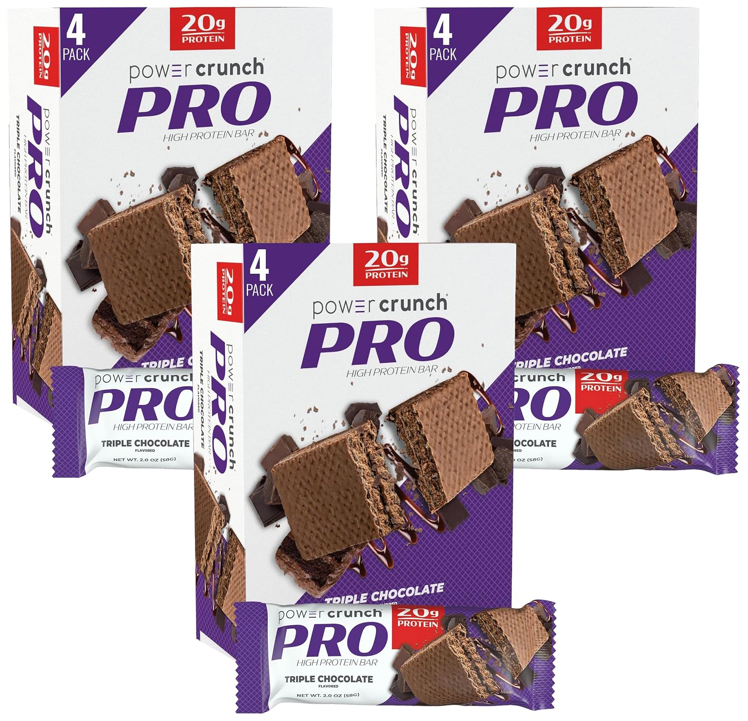 Power Crunch PRO Protein Wafer Bars, High Protein Snacks with Delicious Taste, Triple Chocolate, 2.0 Ounce (Pack of 12)