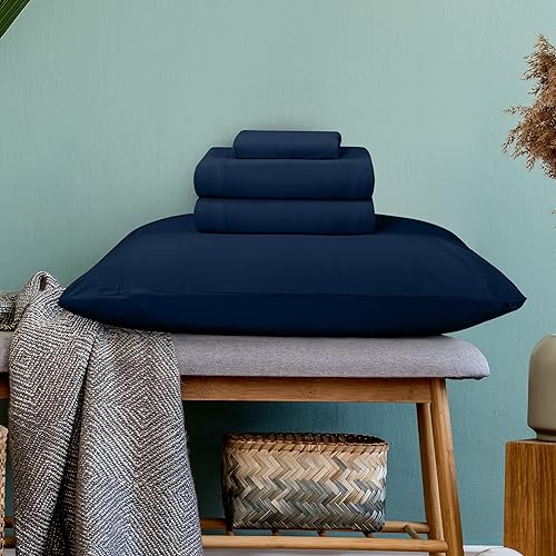 Miniatura 3 de Utopia Bedding Juego de sábanas Queen  Juego de sábanas de punto de jersey de 4 piezas  Sábanas elásticas suaves de algodón (Queen, azul marino)
