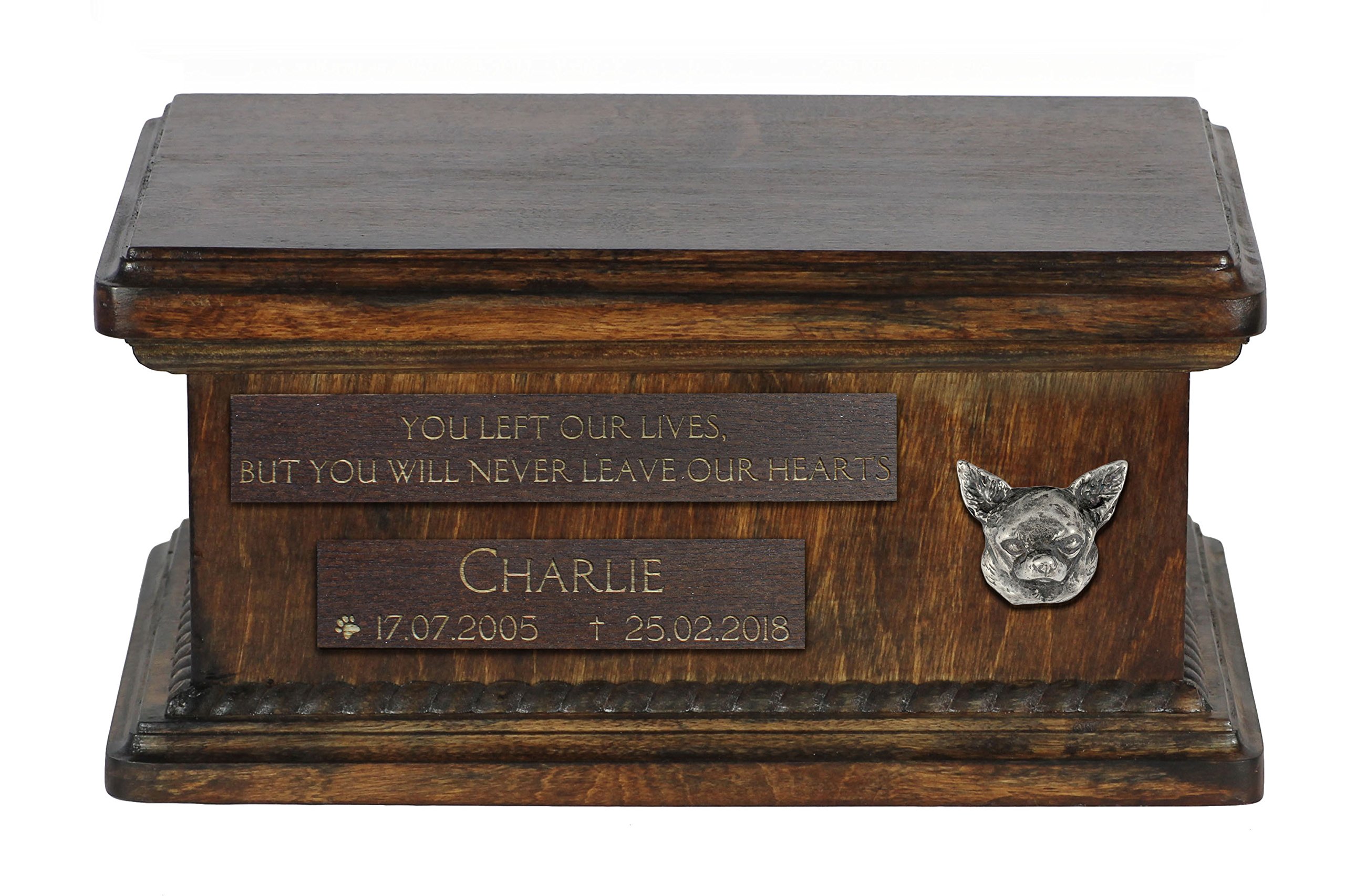 Urne pour cendres de chien Chihuahua poil lisse mémorial bronze et bois bouleau