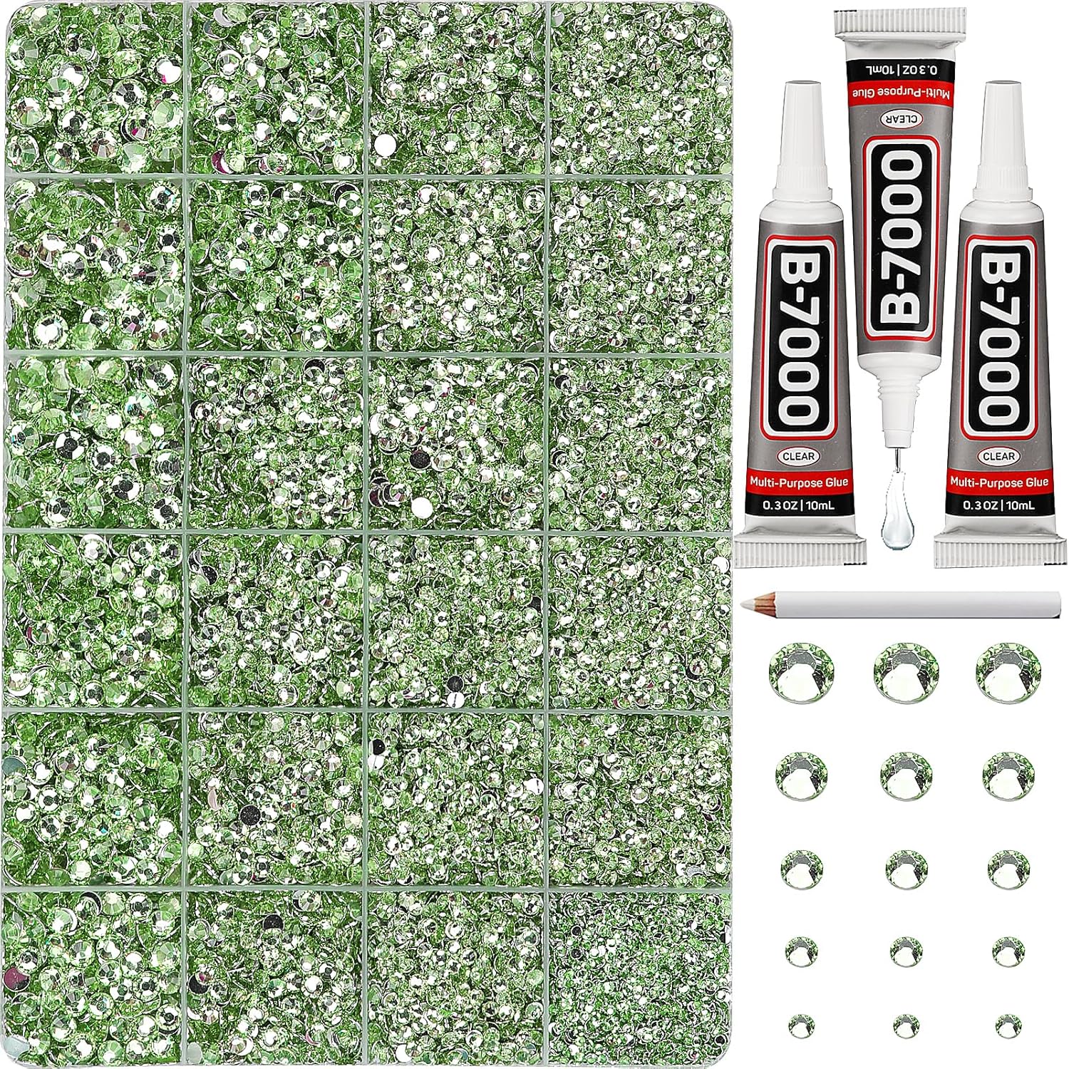 33000Pcs Light Green Rhinestones for Bedazzling, Bedazzler Kit with Flatback Craft Rhinestones Bulk and B7000 Glue, 2,3,4,5,6mm Resin Flat Back Crystals for Craftings, Crafts, Clothes, Shoes, Nails