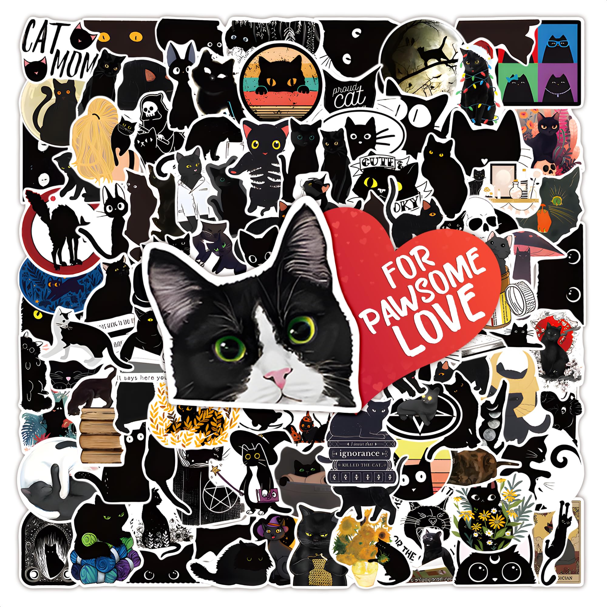 100pcs Waterproof Laptop Stickers Black Cute Cat Stickers for Water Bottles Kawaii Black and White Sticker Pack - Black Skateboard Sticker Computer