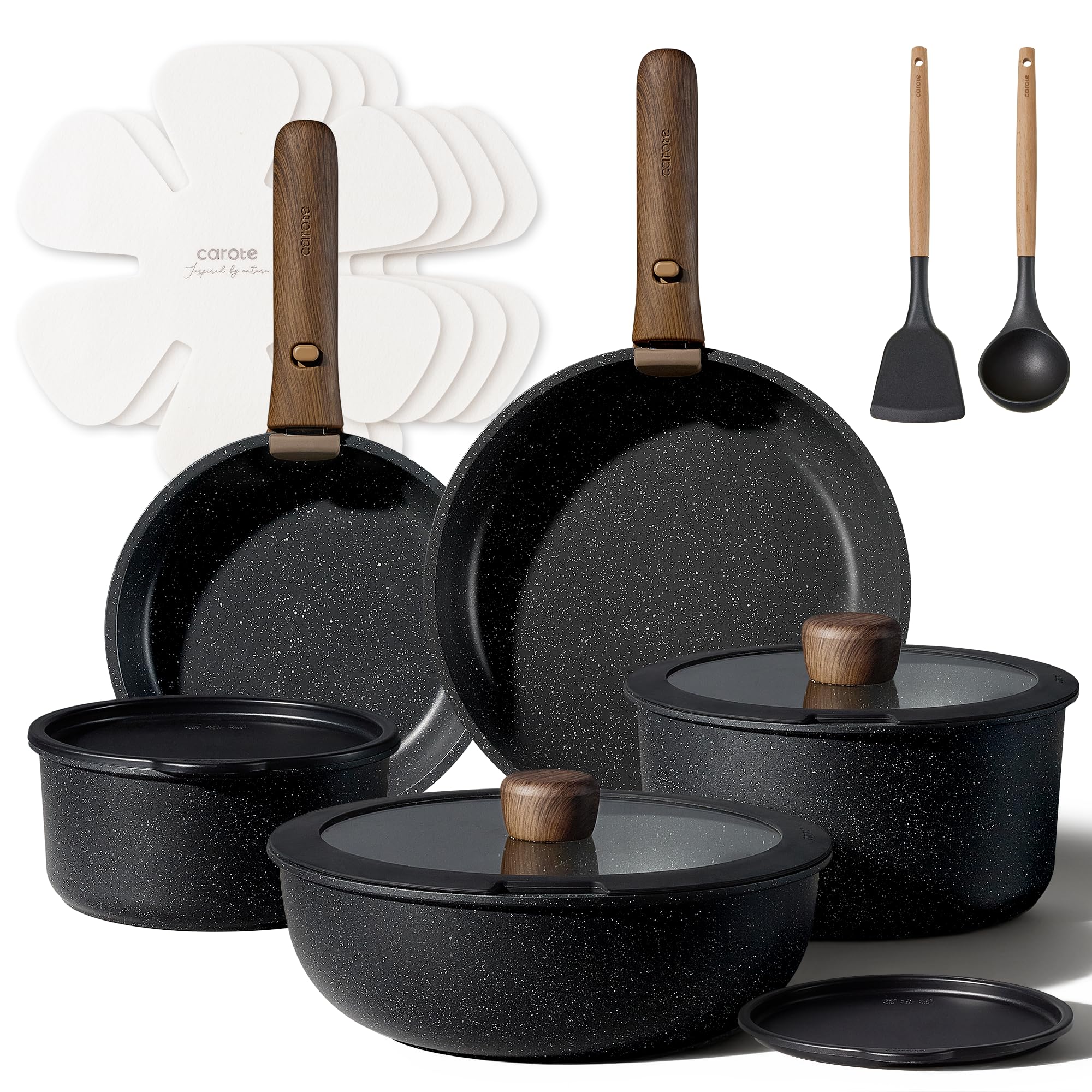CAROTE 17pcs Pots and Pans Non Stick, Cookware Sets Detachable Handle, Induction Kitchen Pots and Pans,NonStick Cooking Set, Oven/Dishwasher/Fridge Safe, Space Saving