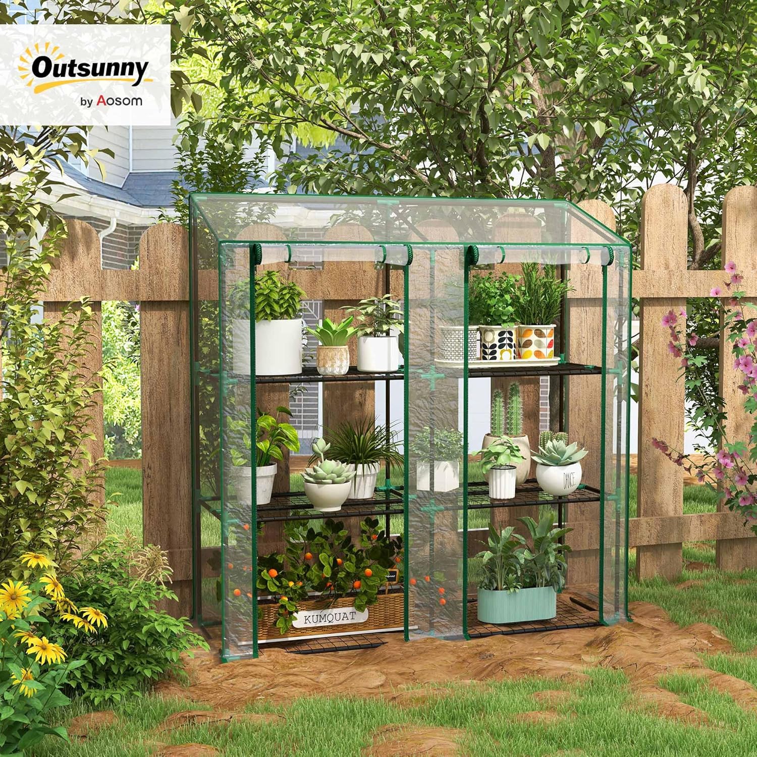 Outsunny Lean-to Mini Greenhouse with 3 Tier Shelves, Portable Green House with 2 Roll-up Doors, Garden Plant Grow Hot House for Indoor Outdoor, 56.3"x18.1"x59.4", Clear