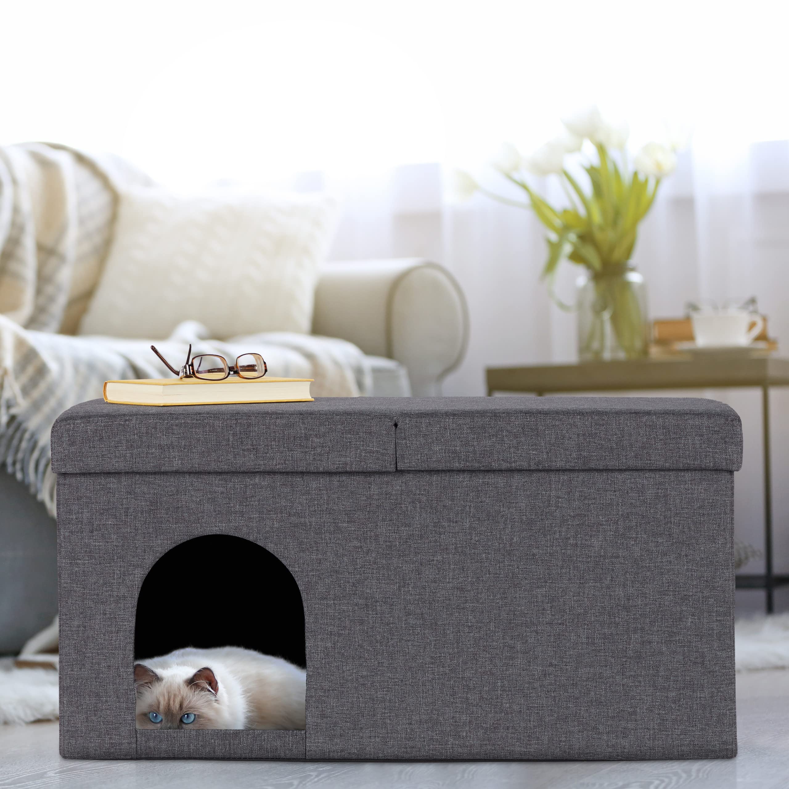 Relaxdays Casa Gato con Banco, Cueva Gatito Plegable, Accesorios Gatunos Interior, Escondite, 38,5 x 74,5 x 37 cm, Gris