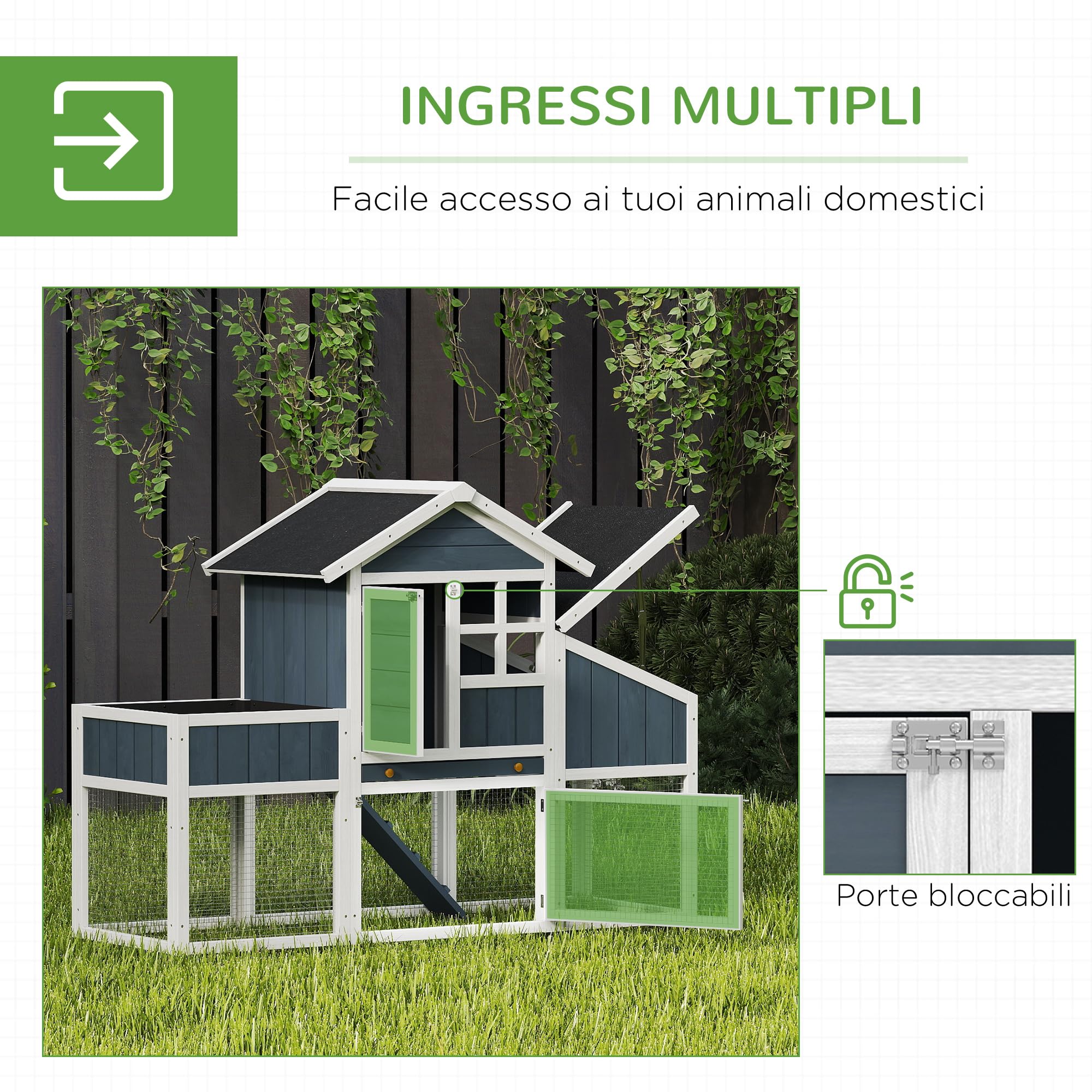 PawHut Pollaio Prefabbricato in Legno con Area Aperta, Pollaio per Galline da Esterno, Casetta per Galline e Nido per la Cova, Aiuola e Tetto in Asfalto, Grigio