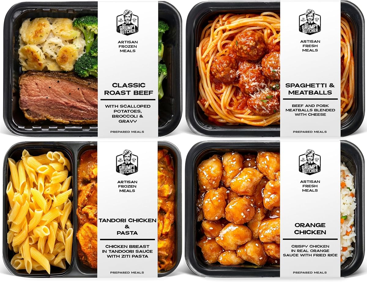 Grumpy Butcher Comidas gourmet totalmente cocidas, Comfort Classics, paquete de 4 | Carne de res y aves criadas humanamente, congeladas instantáneamente, listas para calentar en minutos, 14 oz cada una