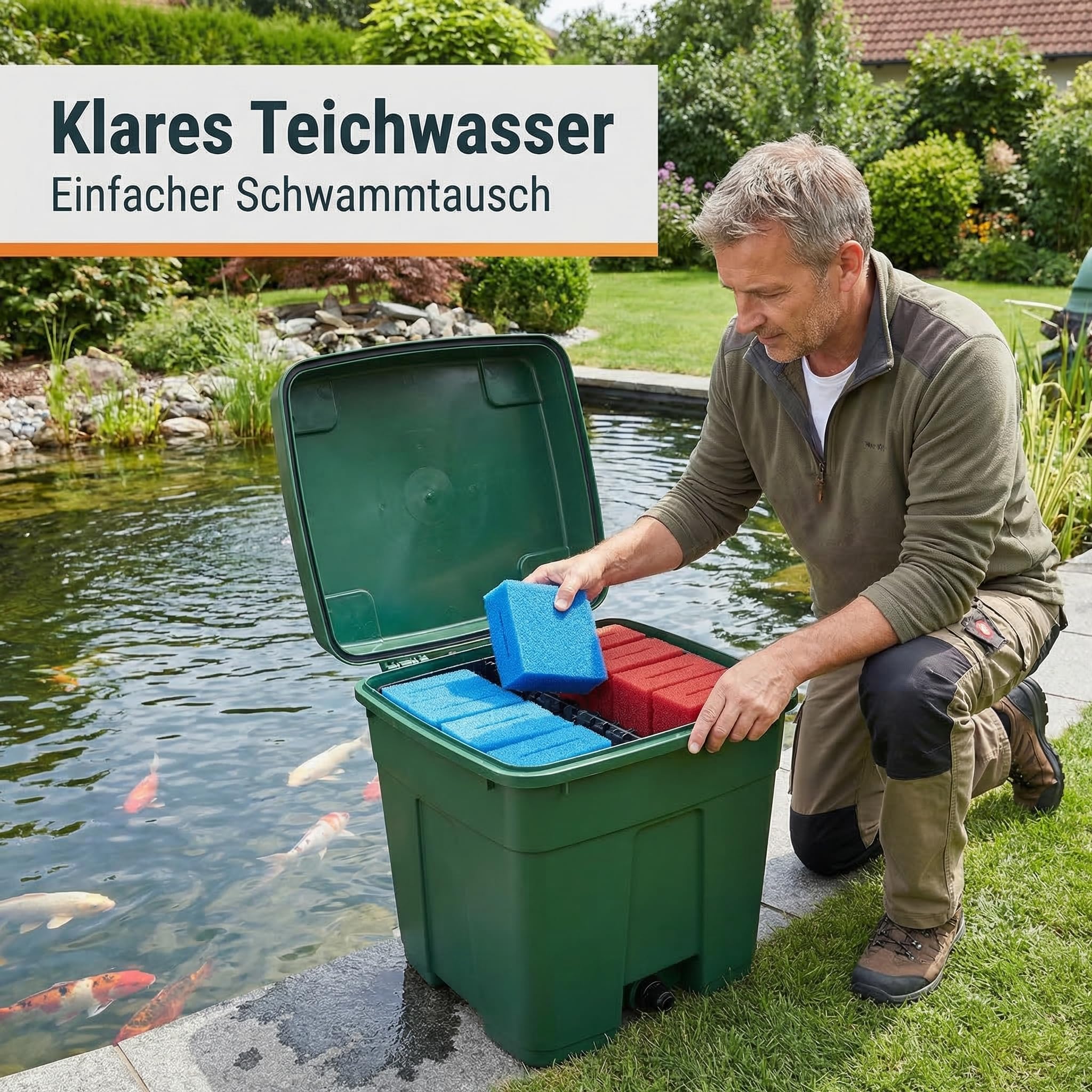 Pondlife Filterschwamm-Set für Teichfilter, kompatibel mit Oase BioTec 18 und ScreenMatic 18, 16er Set: 8× Blau grob PPI10 + 8× Rot fein PPI30, ca. 21,5 × 15,5 × 9 cm