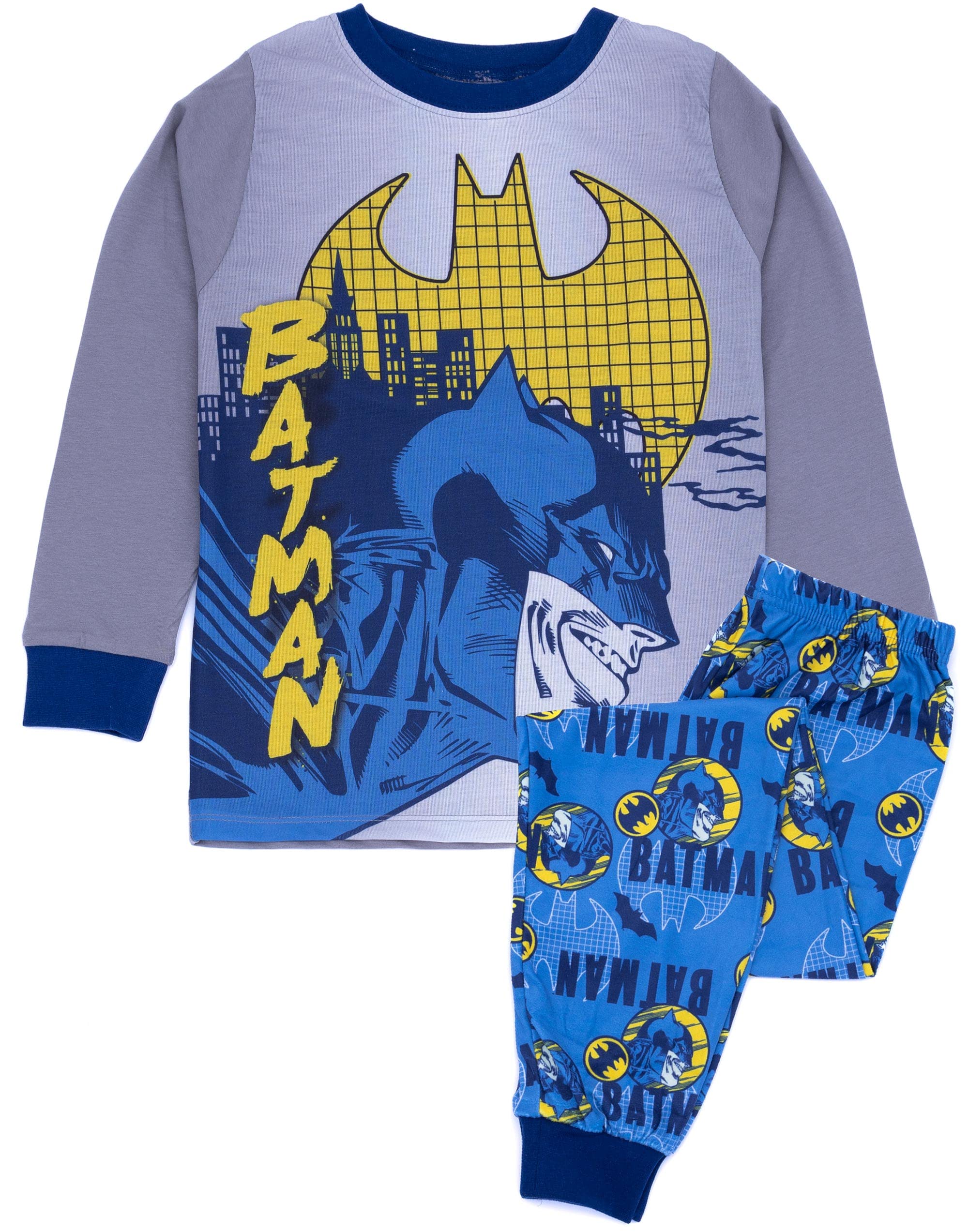 Dc Comics Boys Blue Batman Pyjama Set | Kids & Grey Loungewear T-Shirt & Pants Pj Bundle | Superhero Long-Sleeve Tee Long Leg Bottoms Clothing Pajama | Cosy Nightwear Merchandise Gift For Children