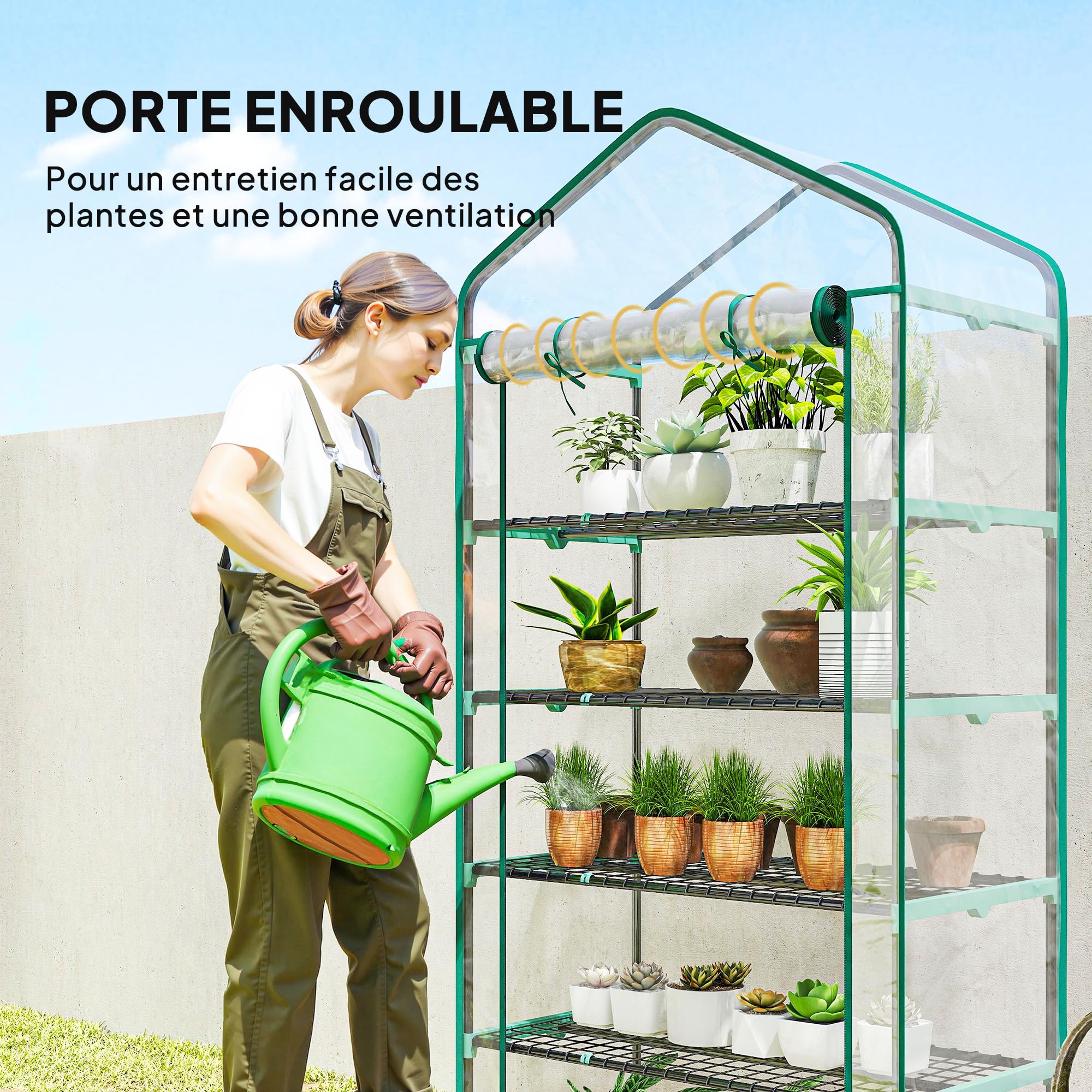 Outsunny Gewächshaus mit 5 Regalen 90x49x193cm Transparent | Balkongewächshaus, verstärkte Abdeckung, Stahlrahmen, aufrollbare Reißverschlusstür, für Gemüse, Pflanzen, Blumen.