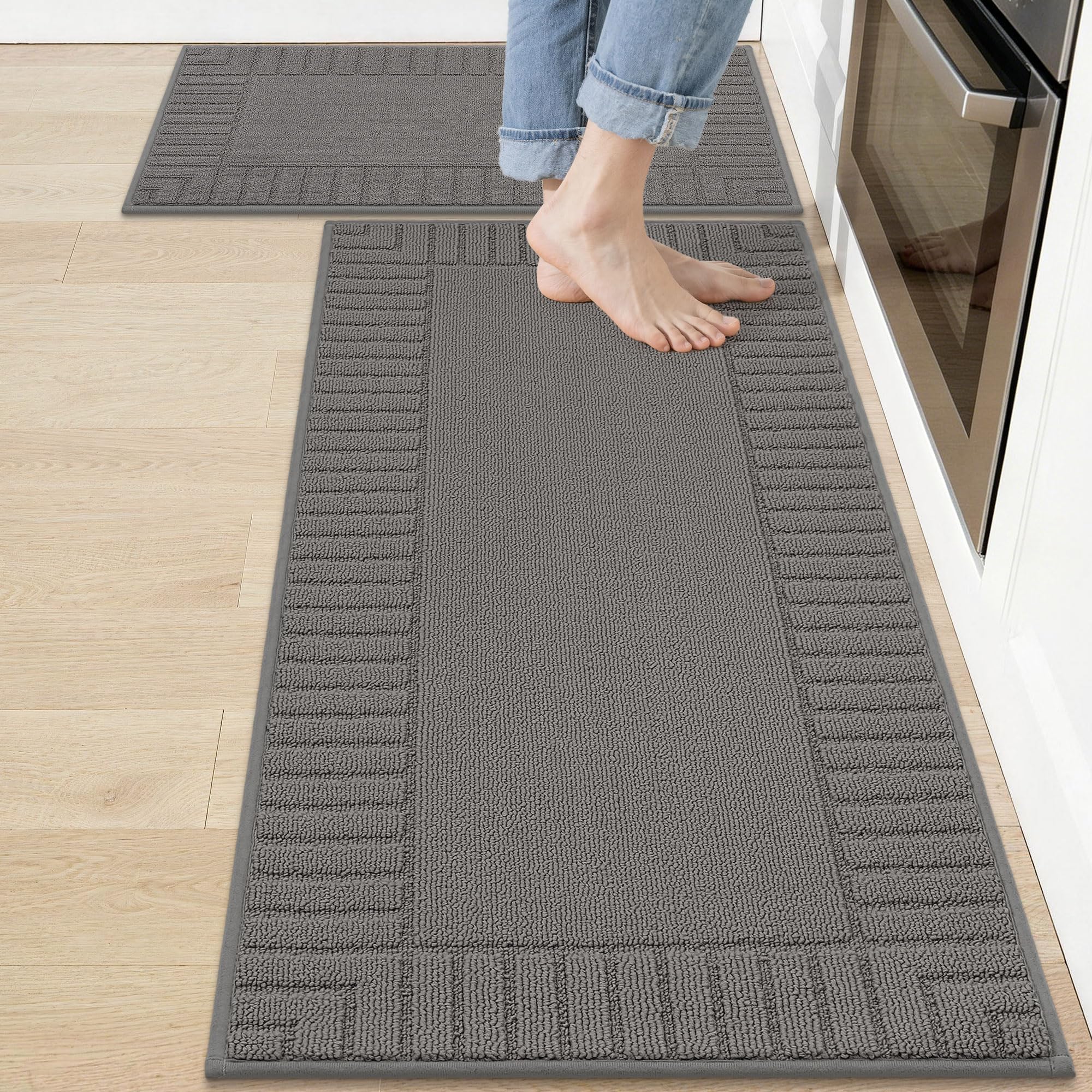 BEQHAUSE Kitchen Rugs Washable Kitchen Mats Floor Non-Slip Kitchen Mats Absorbent Kitchen Runner with TPR Non Skid Backing,Set of 2(50X76cm+50X122cm,Grey)