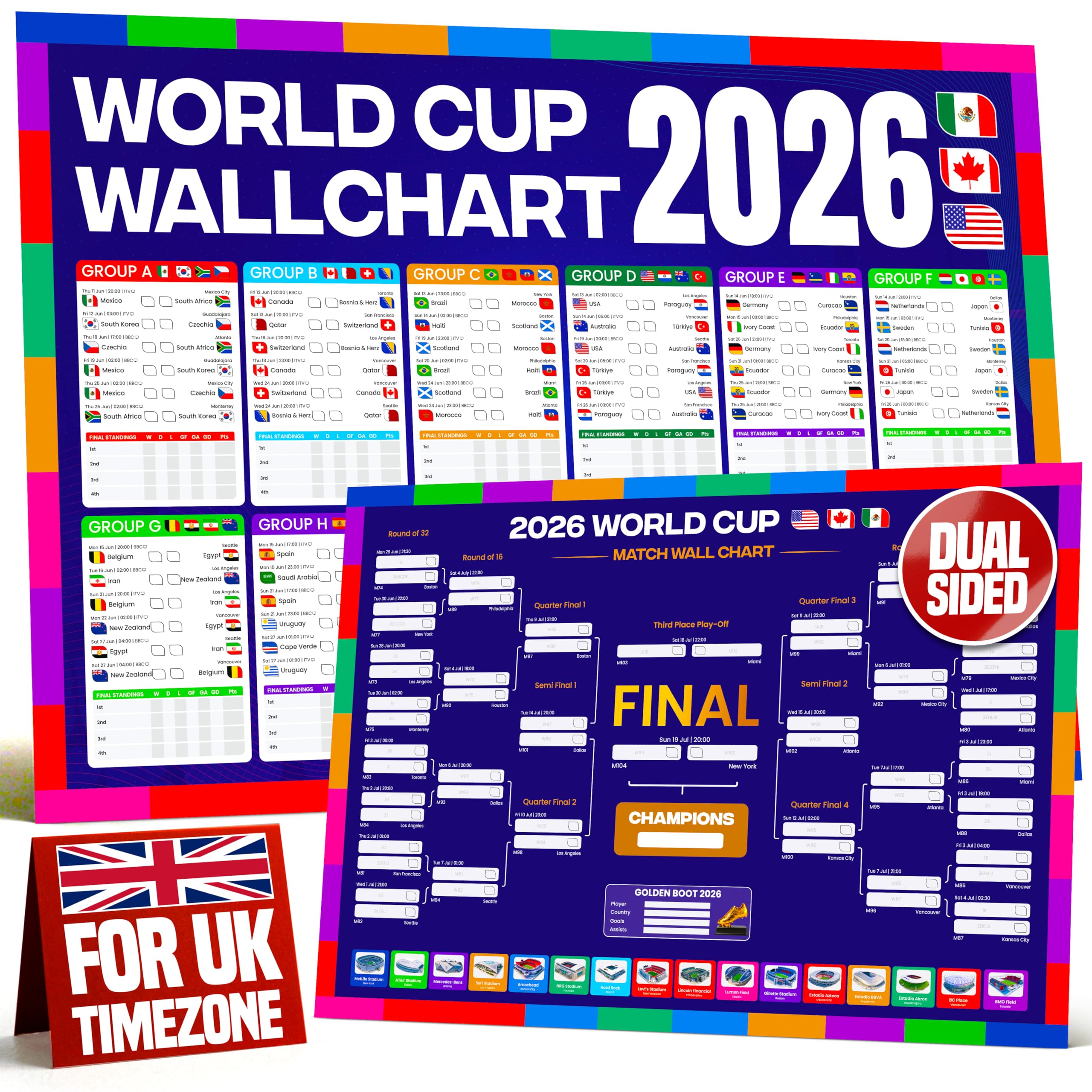 World Cup Wall Chart 2026 | A1 Size 2026 World Cup Football Poster with UK Fixtures, Dates, Kick Off Times, Stadiums & Host Cities | World Cup Sweepstake & Prediction Chart
