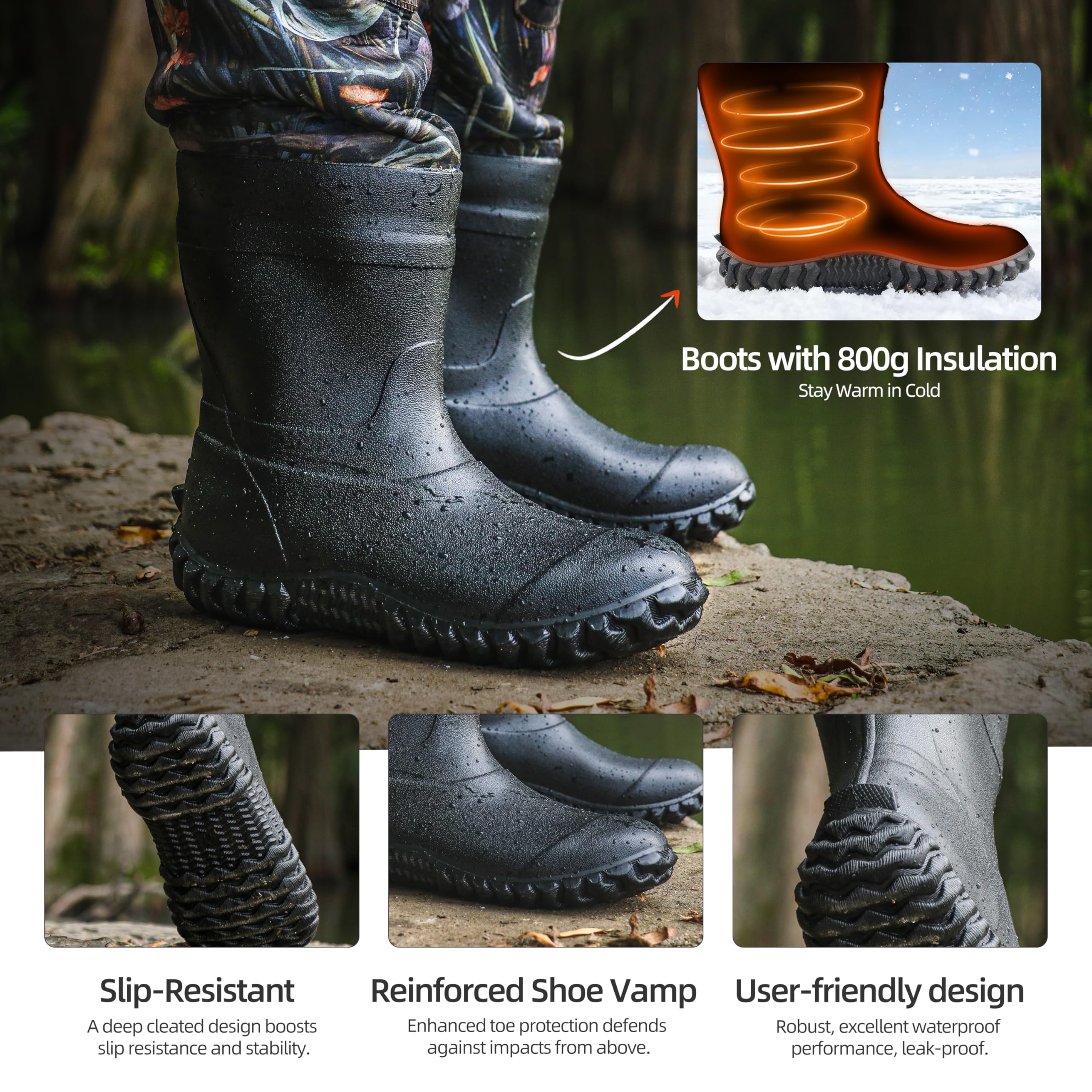 Wathose für Herren mit Stiefeln – wasserdichte 4 mm Neopren-Wathose, 8 mm verstärkte Knie, 800 g isoliertes Stiefelfuß-Design für Jagd und Outdoor