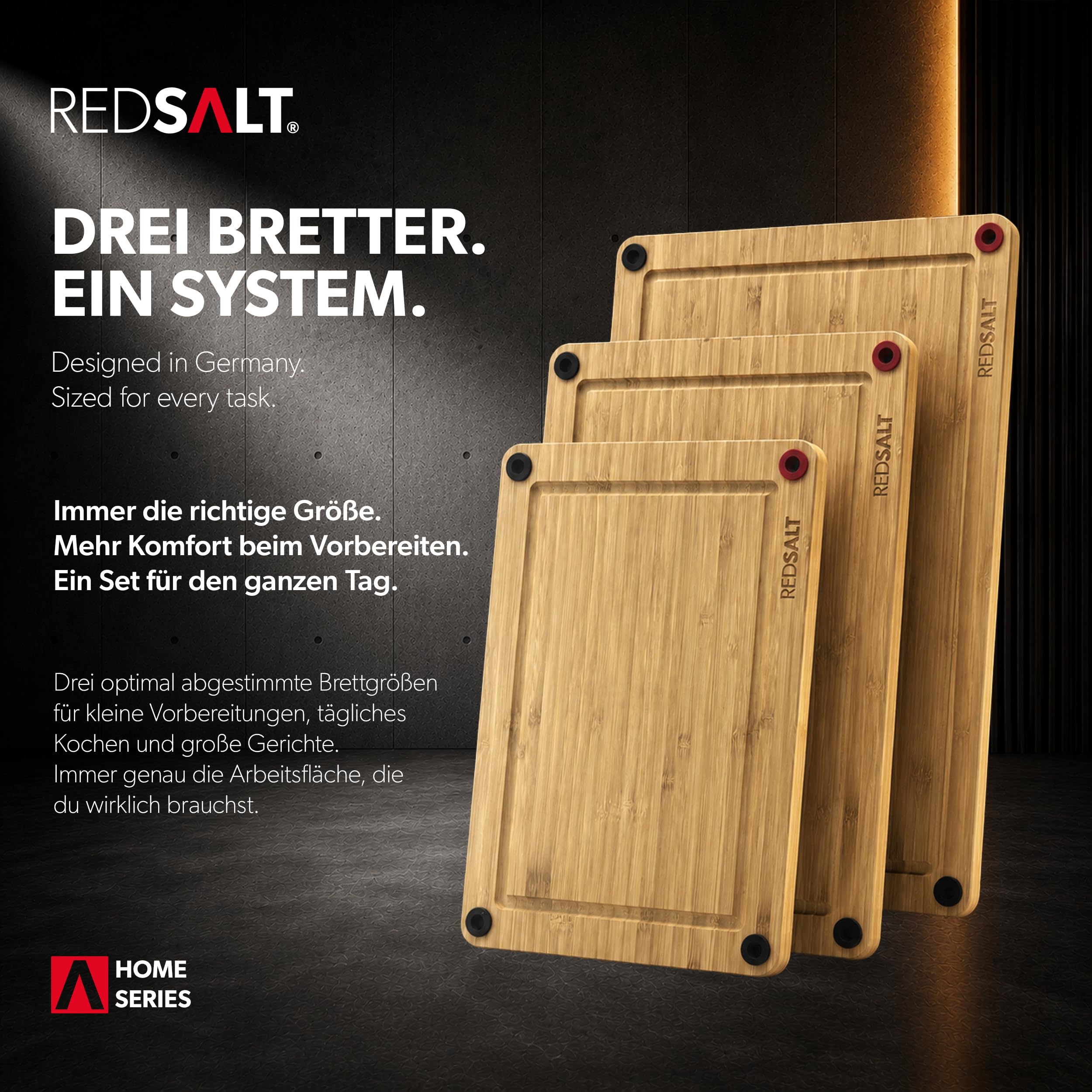 REDSALT Bambus Schneidebrett 3er Set rutschfest Premium Holz Küchenbretter | Cutting Board beidseitig, Holzschneidbretter antibakteriell, tiefe Saftrille | Holzbretter Küche Grill Holzschneidbretter