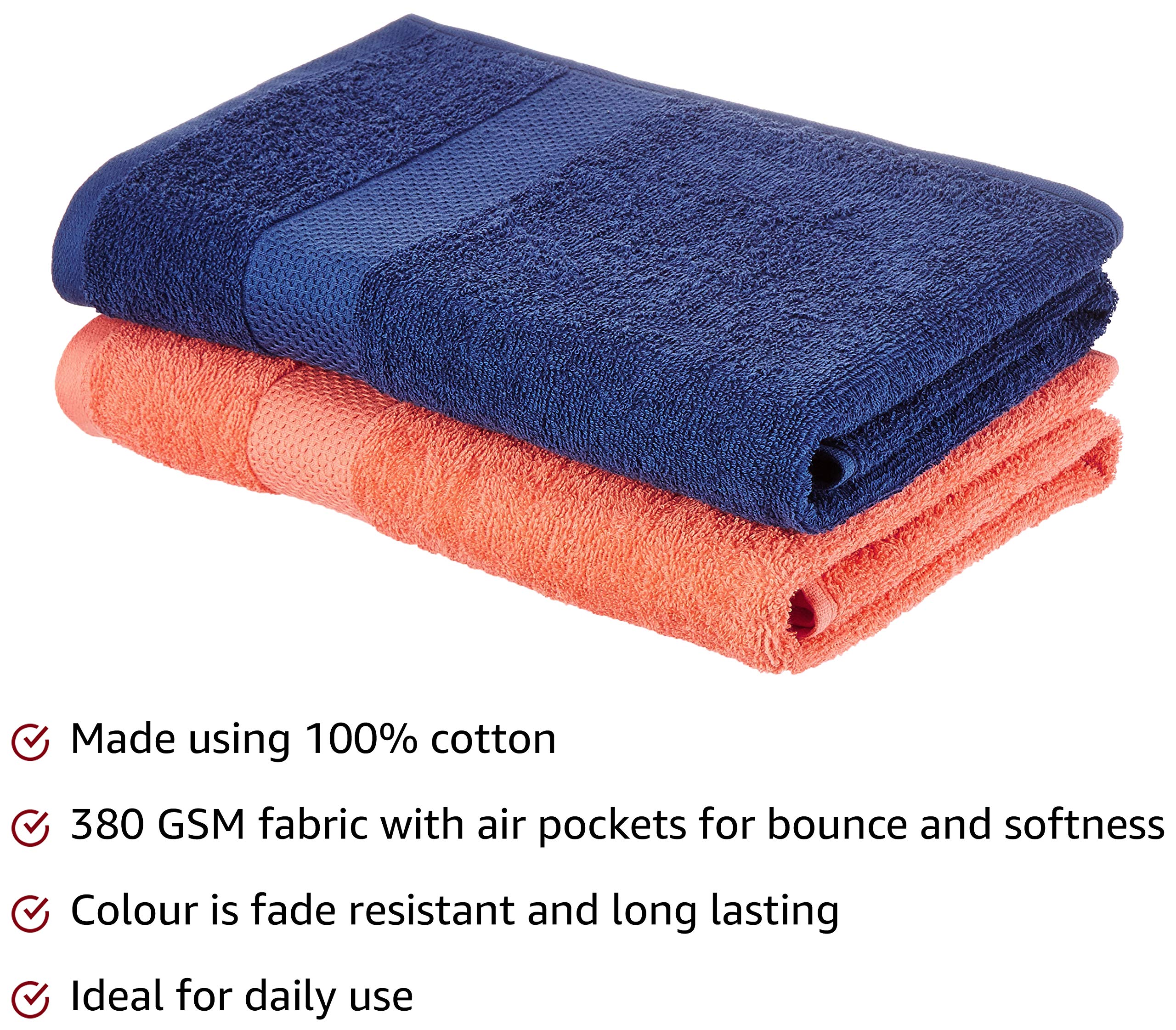 Amazon Brand - Solimo Cotton 2 Piece Bath Towel Set, 380 GSM (Twilight Blue, Coral Pink)