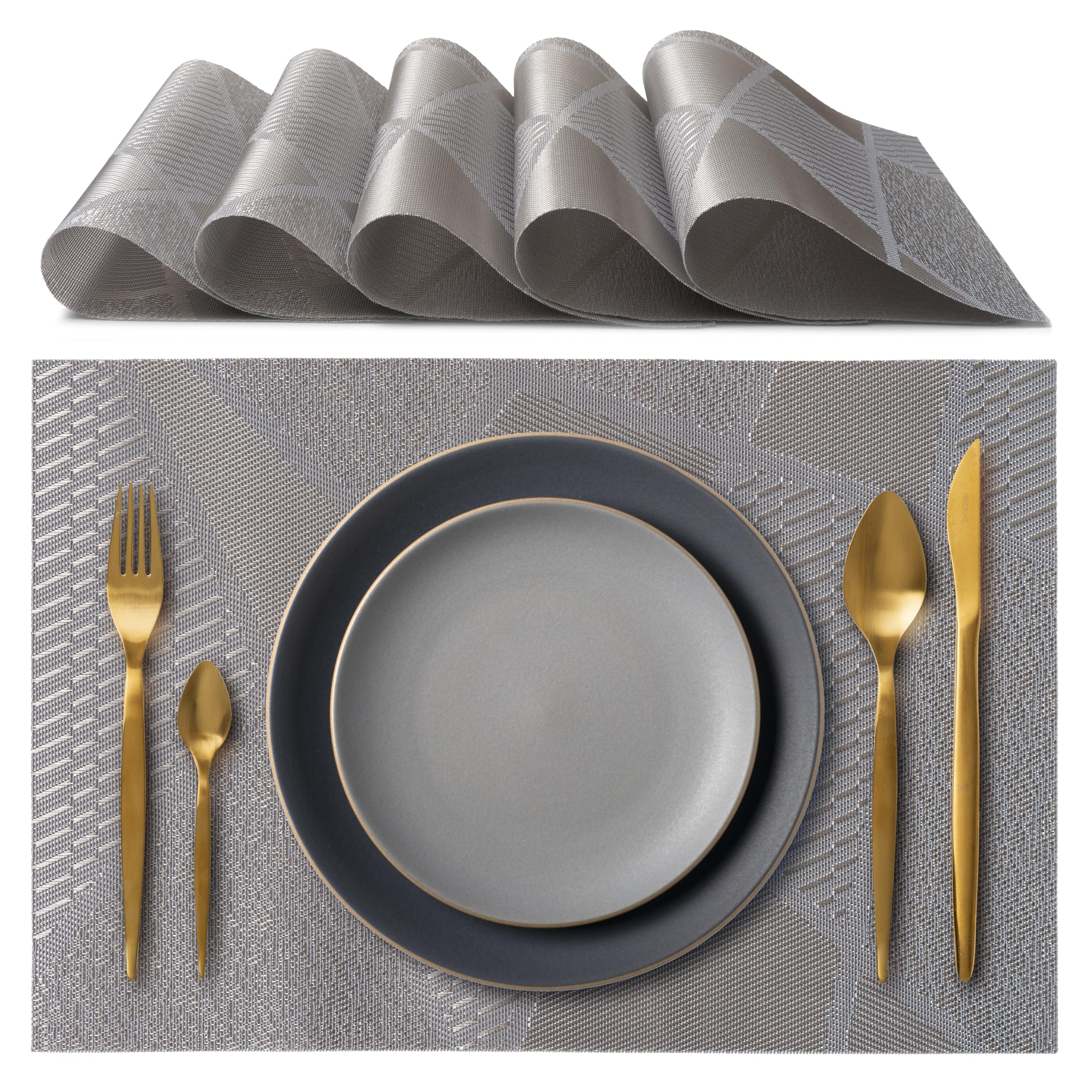 IPEA Elegant American Placemats 45 x 30 cm for Dinner, Lunch, Breakfast - 6 Units - Washable Placemats, Heat Resistant, Non-Slip, Stain Resistant for Kitchen and Dining Table - Grey