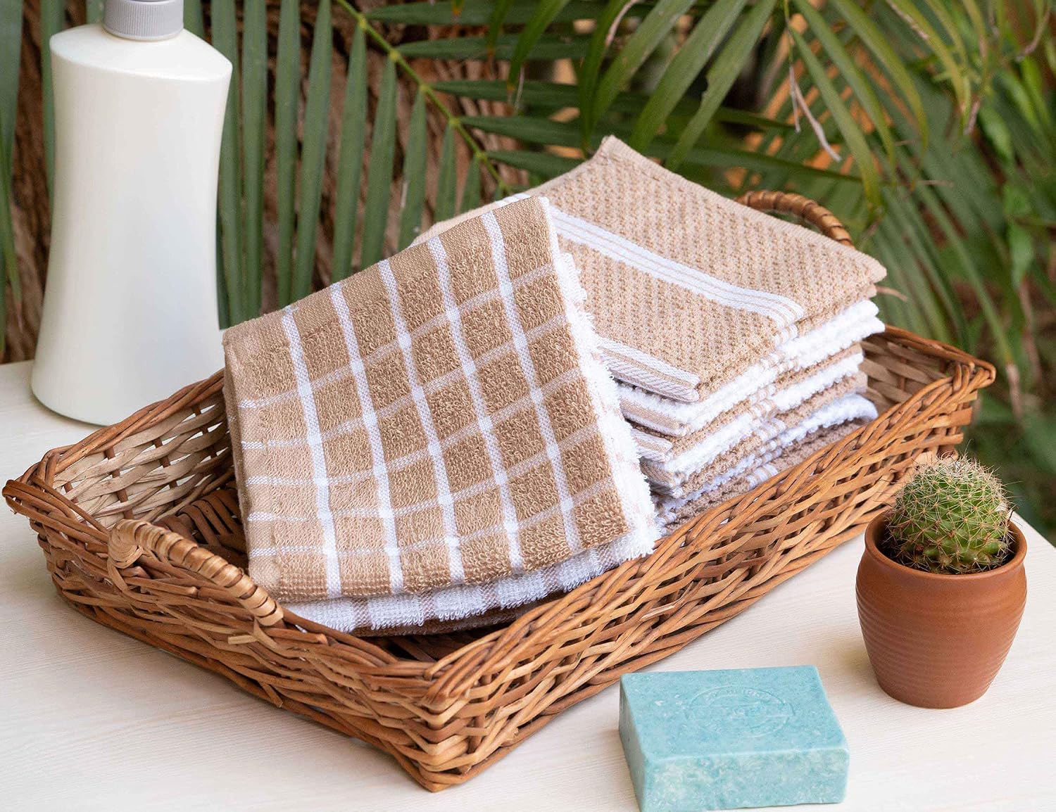 DAILY HOME ESSENTIALS - 8 Pack Cotton Terry Dish Cloth Set (12 x 12 inch - Beige, Checked Design) | Quick Dry Kitchen Rag | Absorbent Cafe, Bar & Restaurant Cleaning WashCloth.