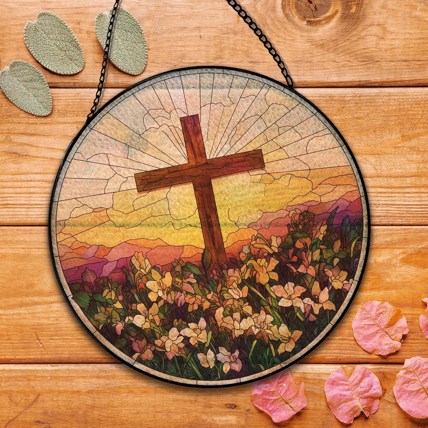 Cross Flower Suncatcher Stained Glass Window Hanging, Wildflower Cross Sun Catchers Indoor Window Glass Round Wall Decor, Religious Wall Art Hanging Decorations, 7.8＂x7.8＂ - Image 6