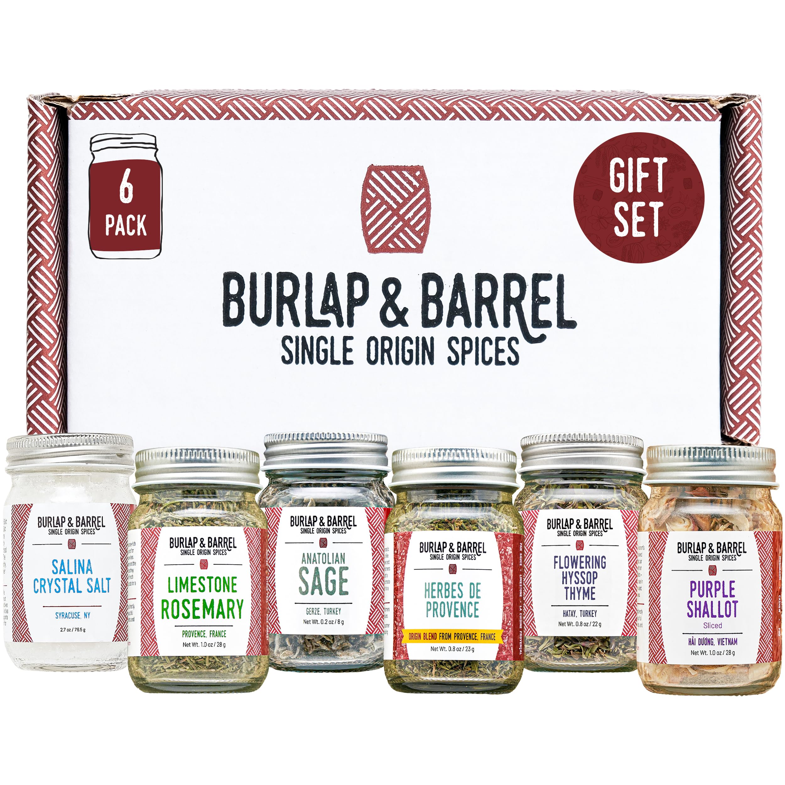 Burlap & Barrel Herbs & Salt 6-Pack Gift Set- As Seen on Shark Tank! Make Your Own Spice Blend, Combine Salt & Herbs for a Savory Mix- Includes Sage, Shallot Slices & More!- 6 Full Size Jars