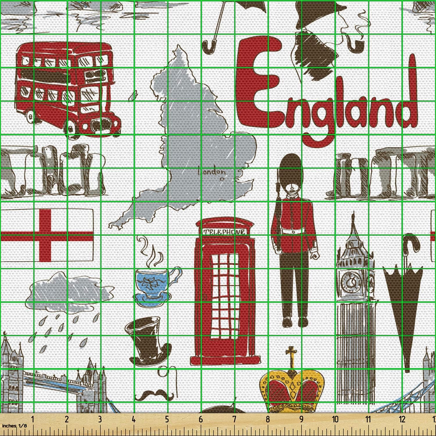 Ambesonne London Fabric by The Yard, Fun Colorful Sketch Royal Guard Map Rain Famous Country Landmarks and Stonehenge, Decorative Fabric for Upholstery and Home Accents, 2 Yards, Grey Ruby