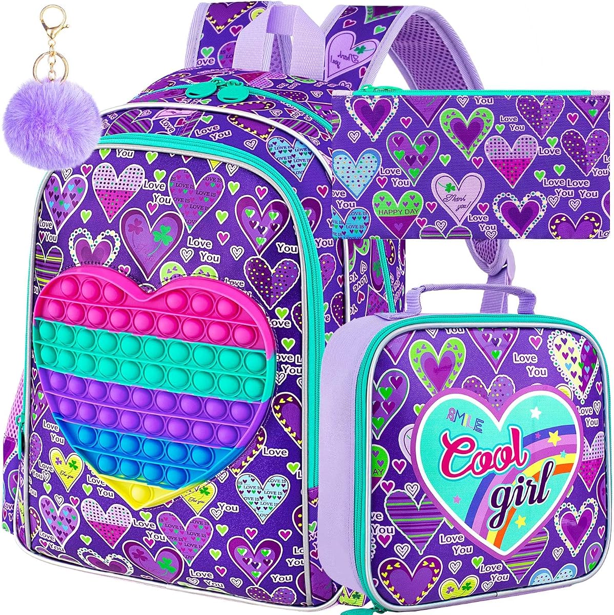 3PCS Backpacks for Girls, 16" Elementary Kids Bookbag for Prechool, Water Resistant Backpack with Lunch Box
