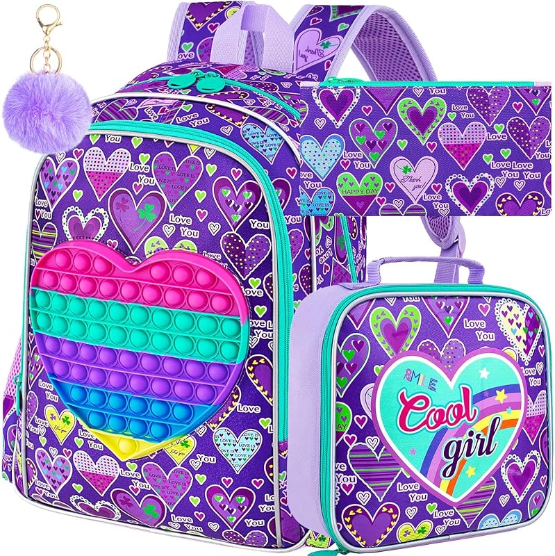 3PCS Backpacks for Girls, 16" Elementary Kids Bookbag for Prechool, Water Resistant Backpack with Lunch Box