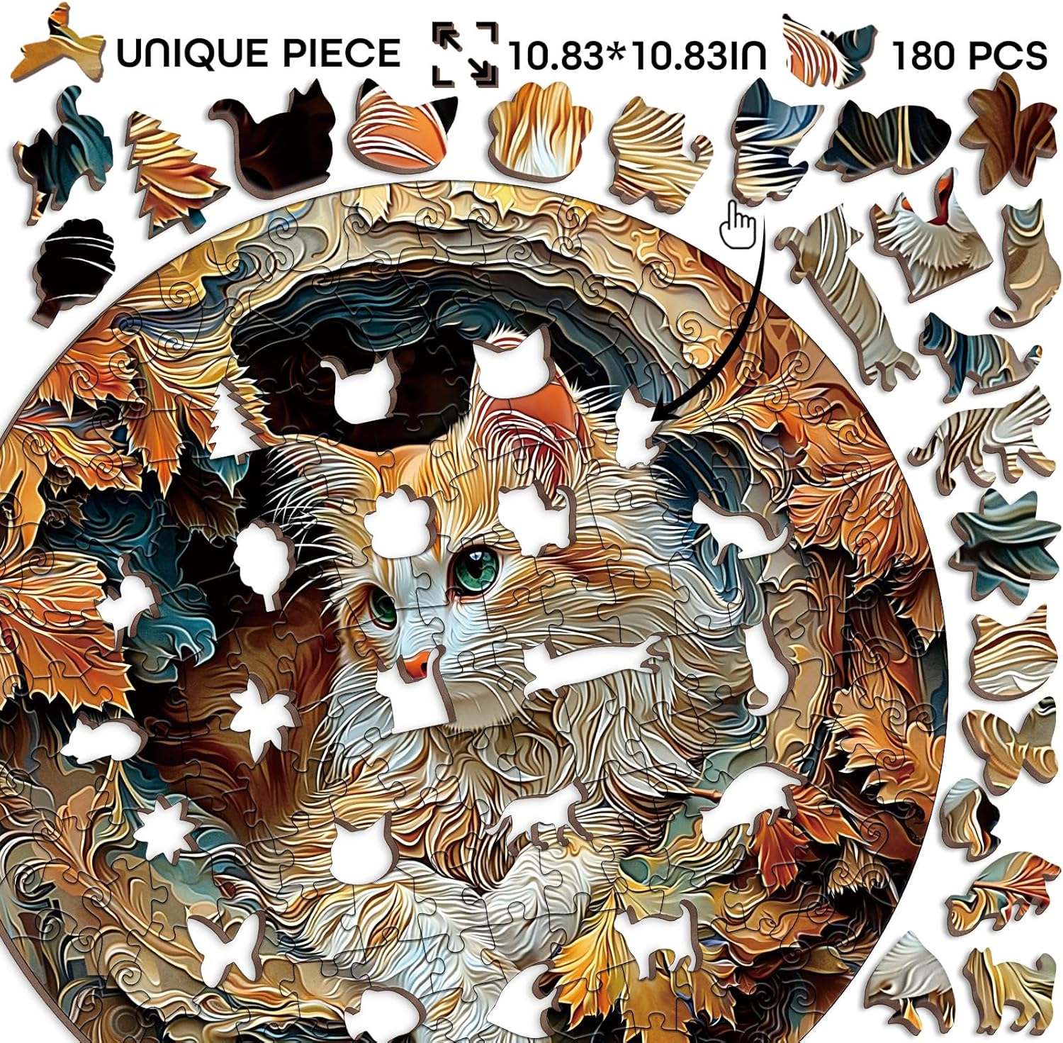 Round Cat Forest Wooden Puzzle for Adults 180 Pieces, Fantasy Animal Nature Wood Puzzle for Adults, Unique Shape Puzzle 180 Pieces