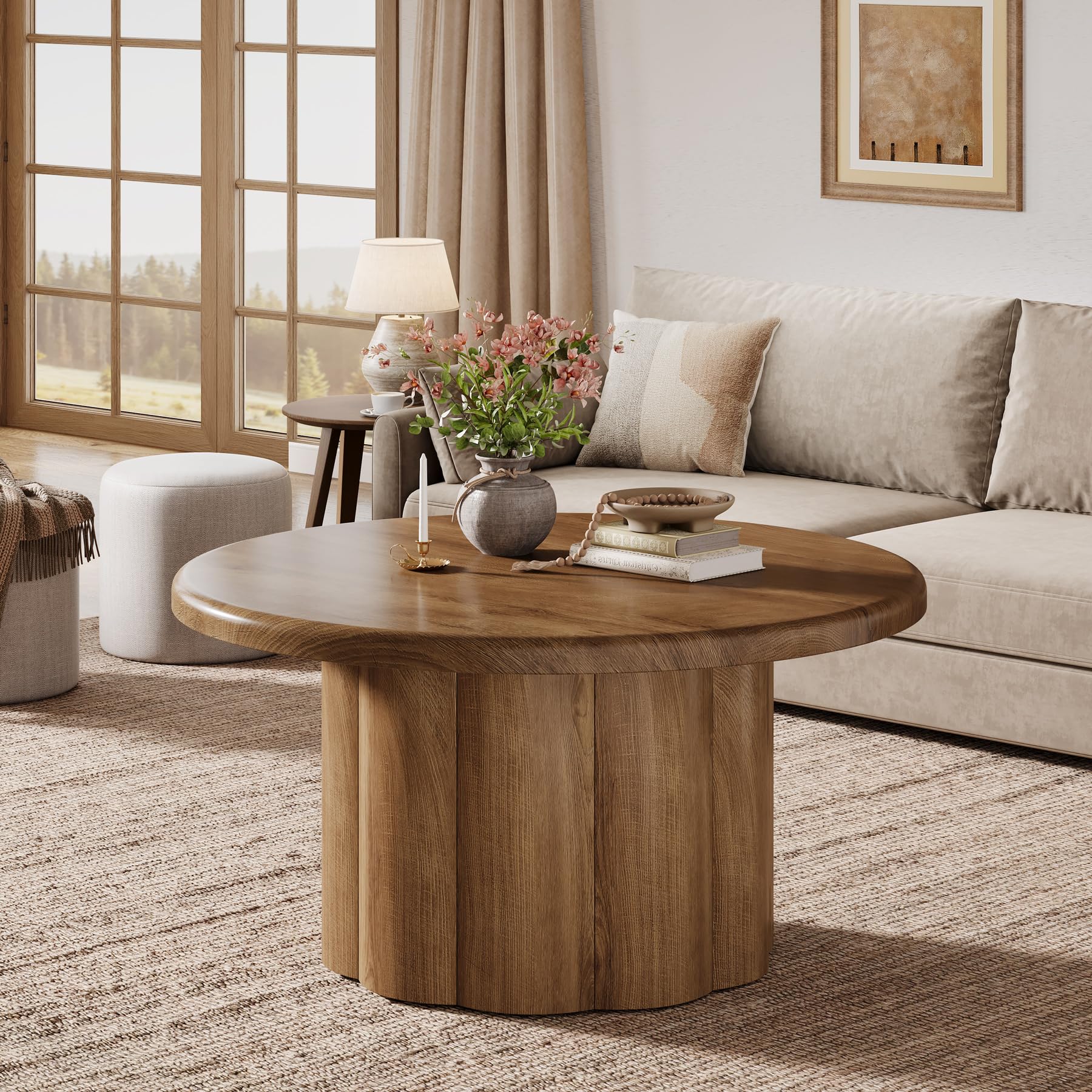 Tribesigns Tavolino Rotondo in Legno 80 cm – Design Moderno con Base a Tamburo Scanalato – Tavolo da Caffè in MDF Resistente per Soggiorno, Casa, Ufficio – Marrone