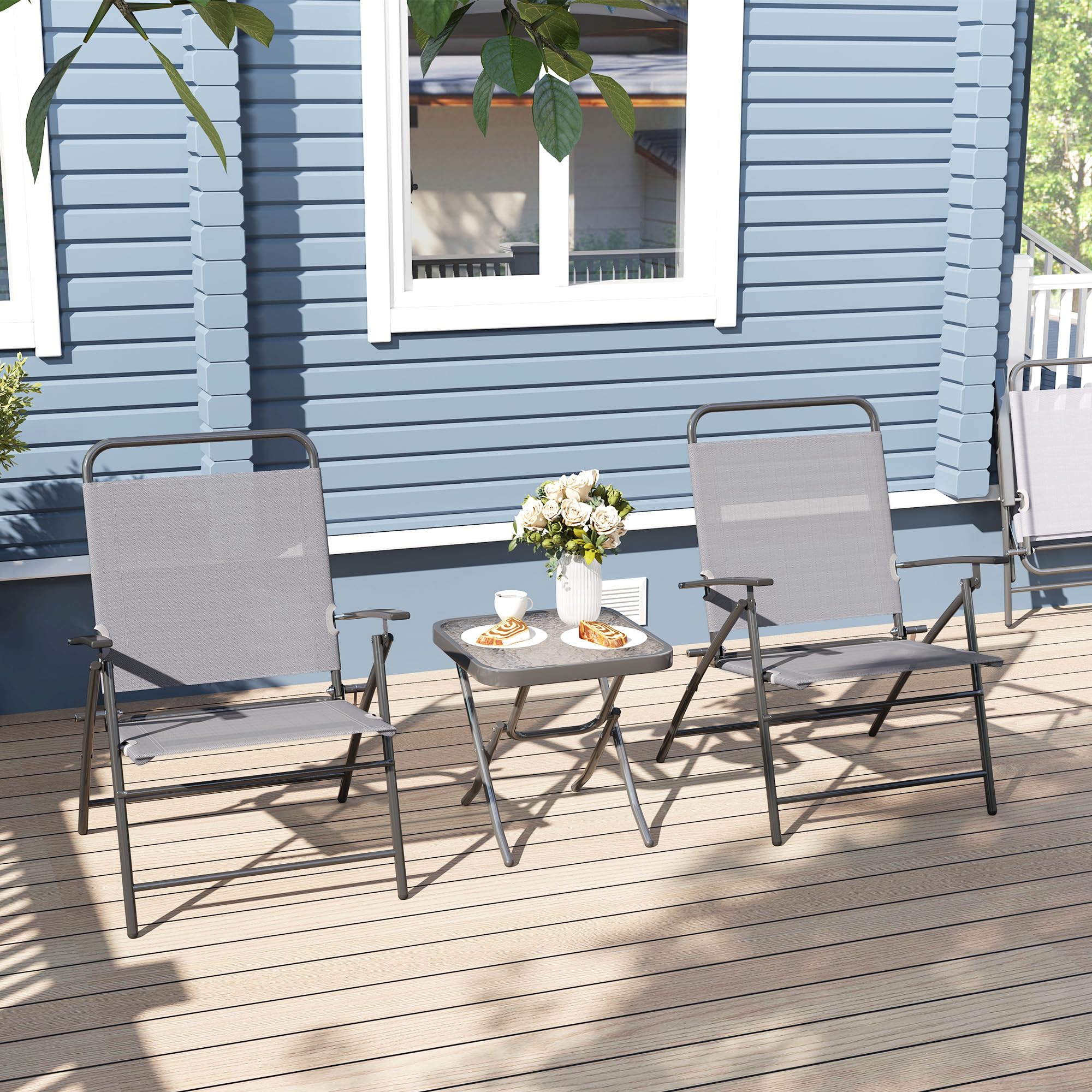 Outsunny Set da Giardino 3 Pezzi con Sedie Pieghevoli e Tavolo in Acciaio e Vetro Grigio