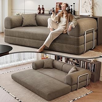 79" Convertible Sleeper Sofa Bed, Modern Corduroy Floor Couch Bed with Silver Fixed-Shape Frame, Modular Sofa Couch with Pull Out Bed, Loveseat Sleeper Boneless Couches for Living Room, Camel