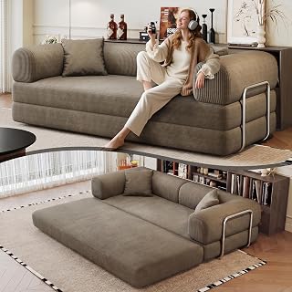 ZEIINPA 79" Convertible Sleeper Sofa Bed, Modern Corduroy Floor Couch Bed with Silver Fixed-Shape Frame, Modular Sofa Couch with Pull Out Bed, Loveseat Sleeper Boneless Couches for Living Room, Camel