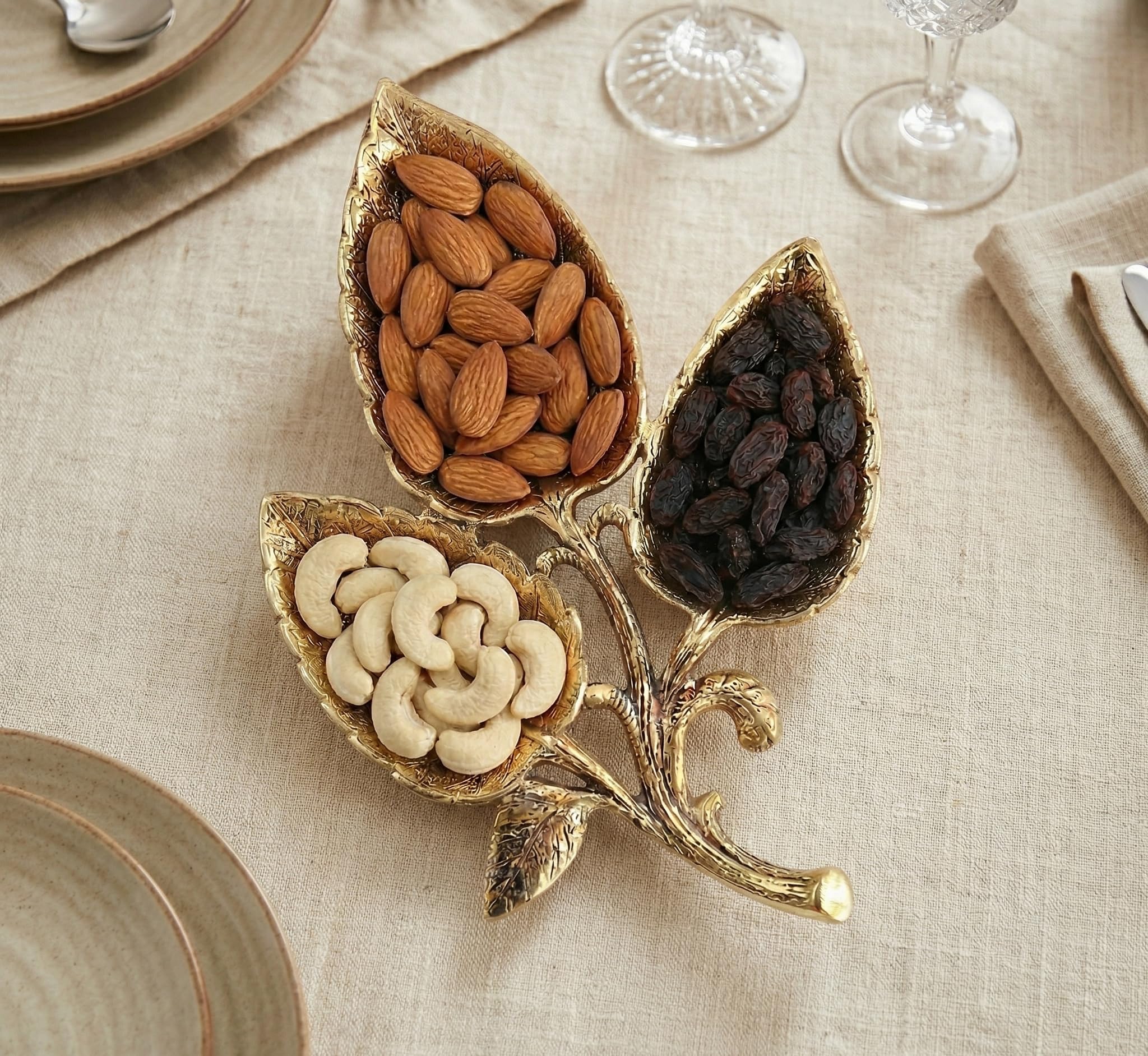 Kridaykraft Metal Gold Polish Leaf-Shaped 3-Section Dry Fruit Tray, 17x17 cm, 250 gm, Decorative Serving Platter-image-33