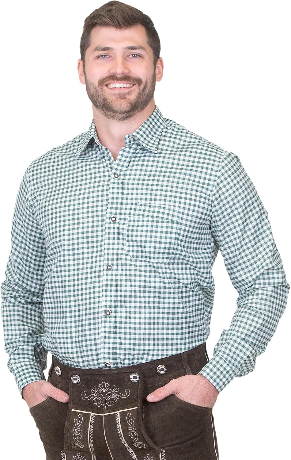 Dirndl Trachten Haus German Green Lederhosen Button Down Longsleeve/Shortsleeve Shirt