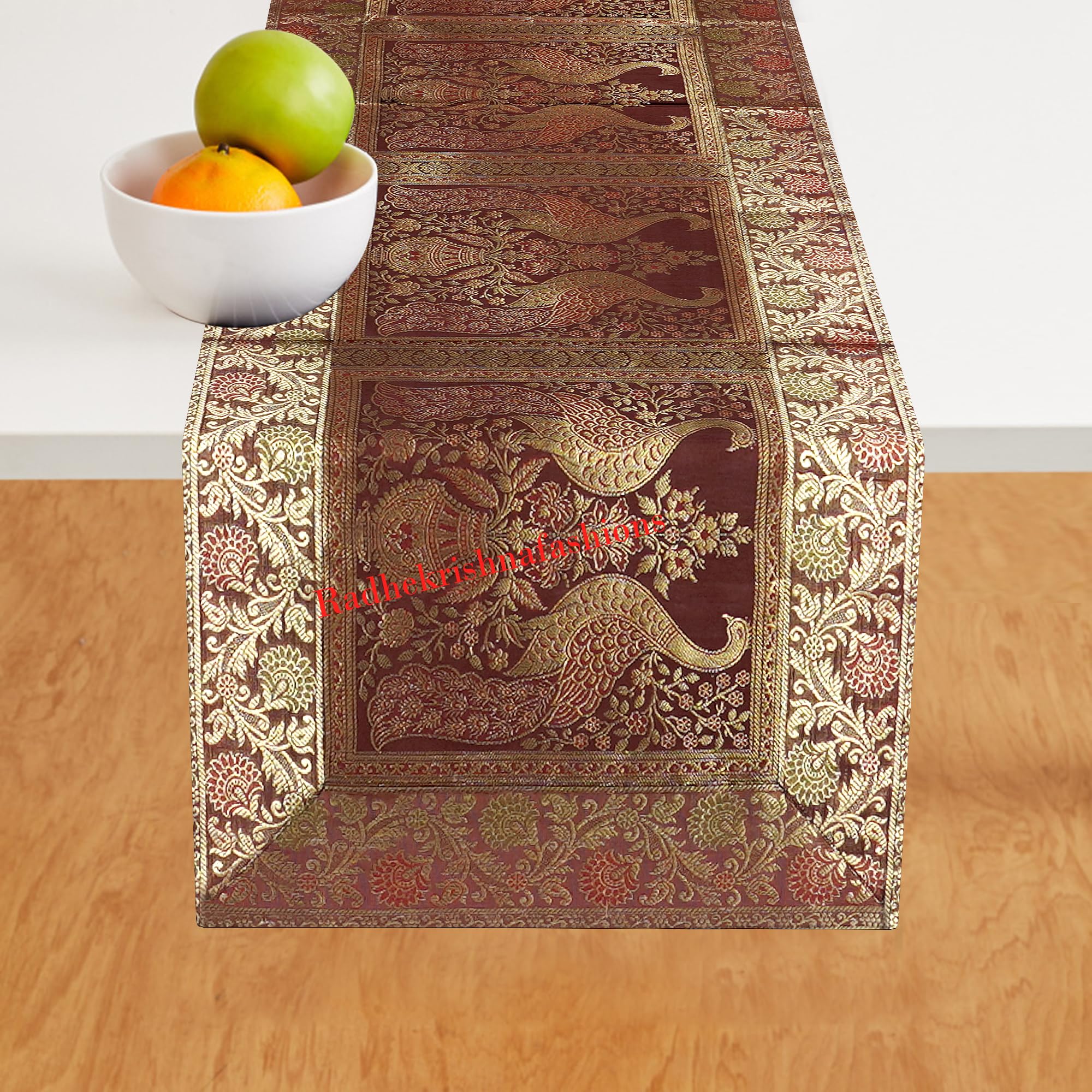 Radhy krishna fashions Rajasthani Hand Art Work Elephant Design Silk Table Runner & Tablecloth 60 x 16 Inch (Brown Peacock)