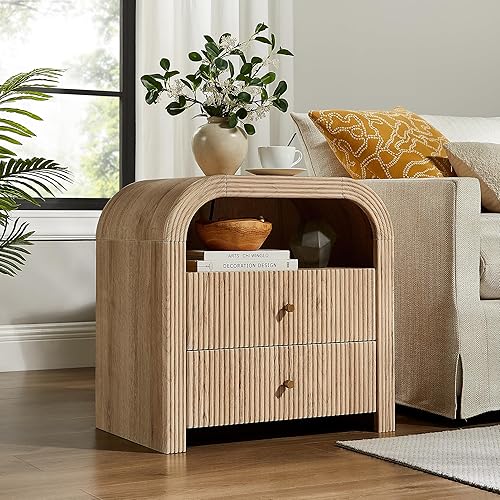 Miniatura 7 de T4TREAM Mesita de noche acanalada con estación de carga, mesa de noche grande de 24 pulgadas con 2 cajones, mesa auxiliar moderna con mesita de