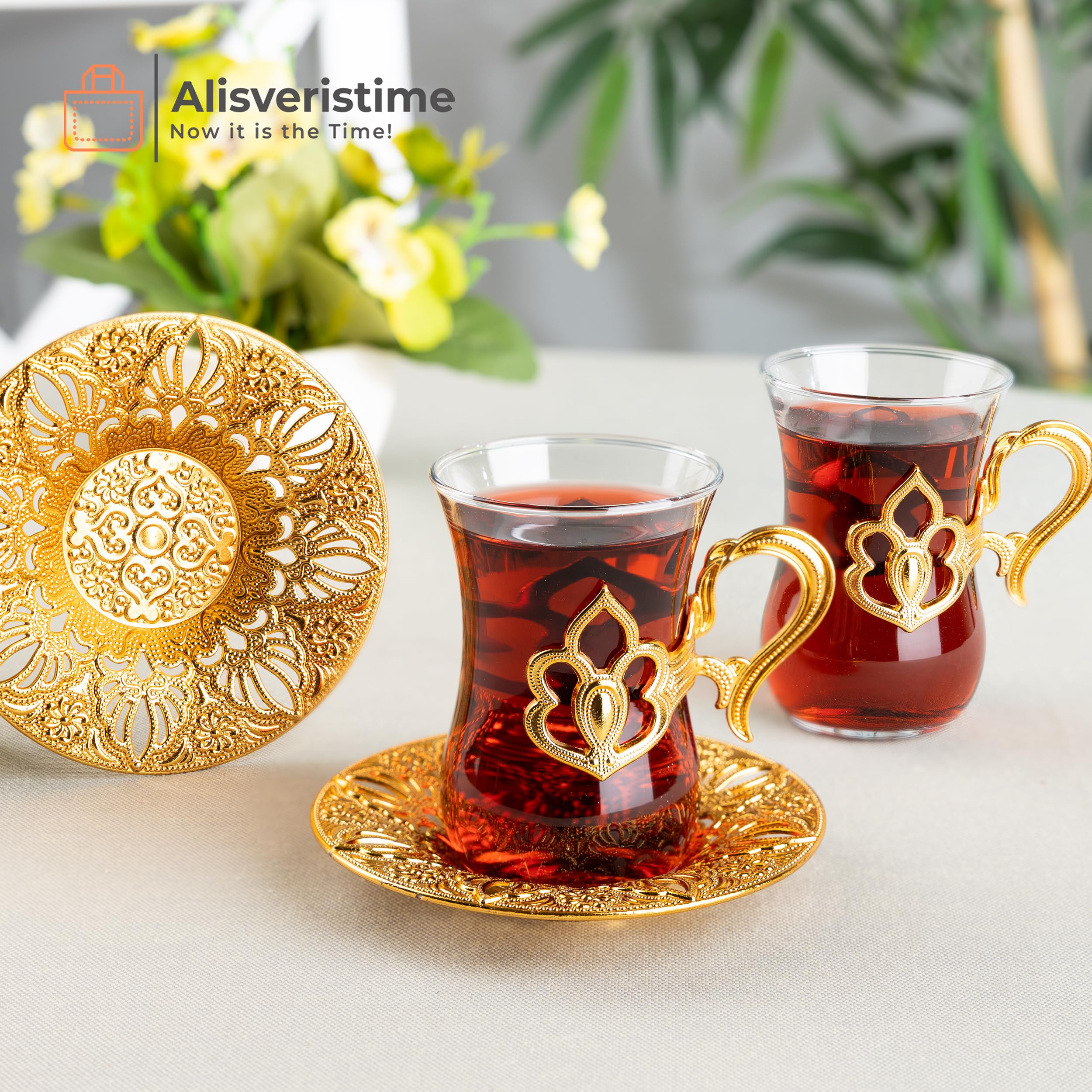 Alisveristime Türkisches Teeservice mit 2 Glasbechern, 100 ml (Gold)