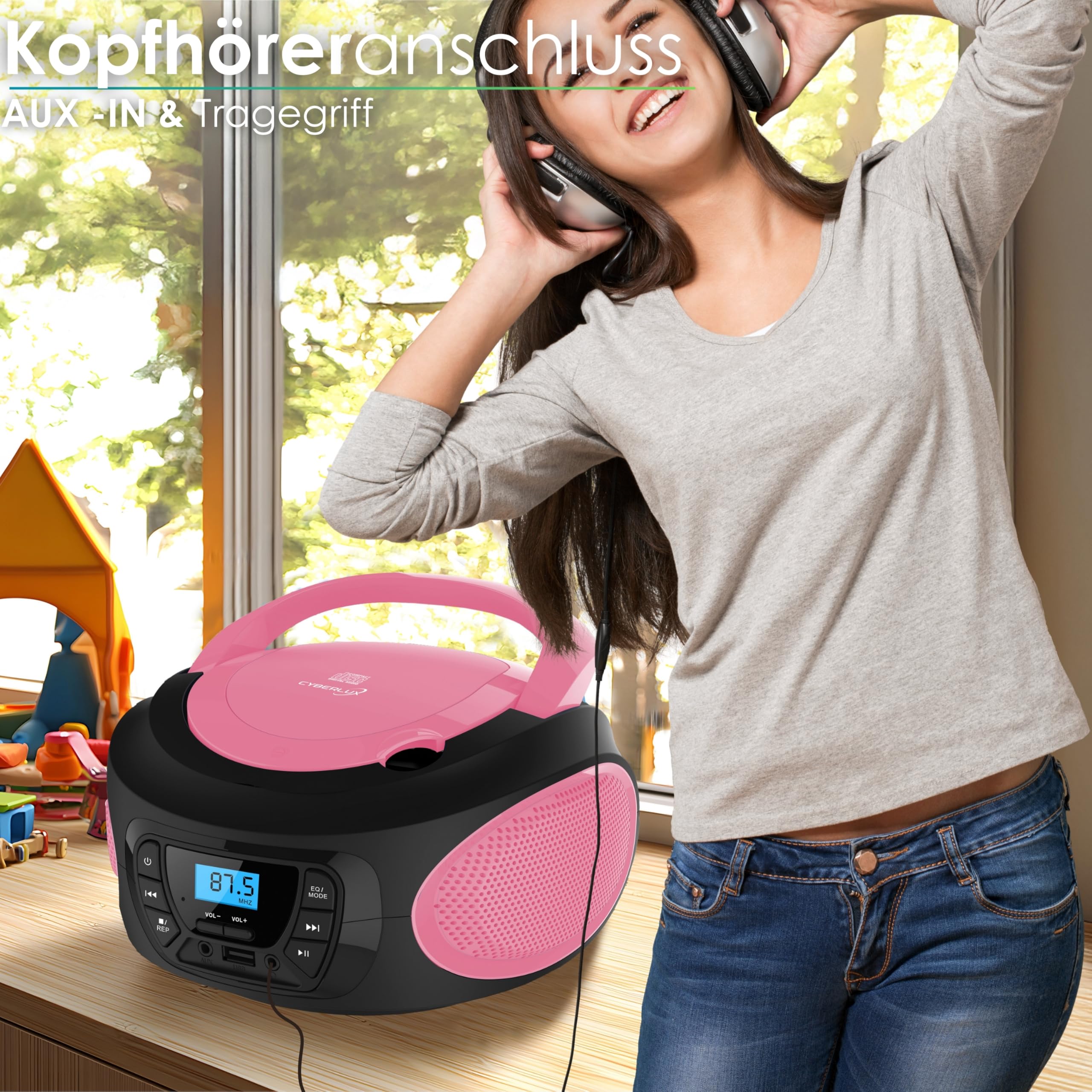 Boombox Lettore Portatile Radio FM con CD, USB e Ingresso AUX-IN, Presa per Cuffie - Sistema Stereo Compatto - Rosa Brillante (Pretty Pink)