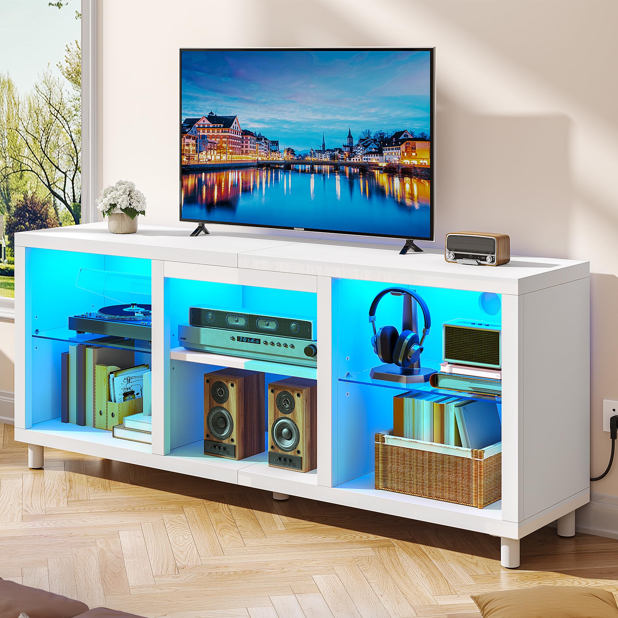 YITAHOME 148 CM TV Unit, LED TV Stand Cabinet for 55/60 / 65 Inch TVs with RGB Lights, Open Adjustable Glass Shelf, TV Cabinets Gaming Entertainment Center Modern for Living Room Bedroom, White