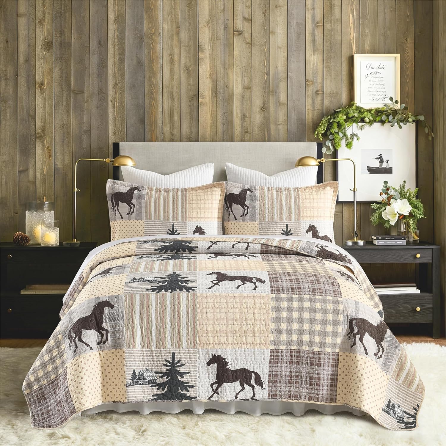 Queen Size Quilt Set - Bedding Set Queen, 100% Cotton Quilt Sets, Rustic Bedspread Lightweight, Quilted Bedspreads Covelet Comforter Set, Beige Horse Quilt 3 Pieces
