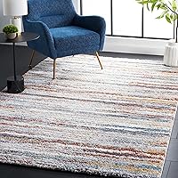 SAFAVIEH Berber Shag Area Rug 8x10 Blue Rust Ivory - Non-Shedding Plush Pile, Modern Stripe, Easy Clean BER565A