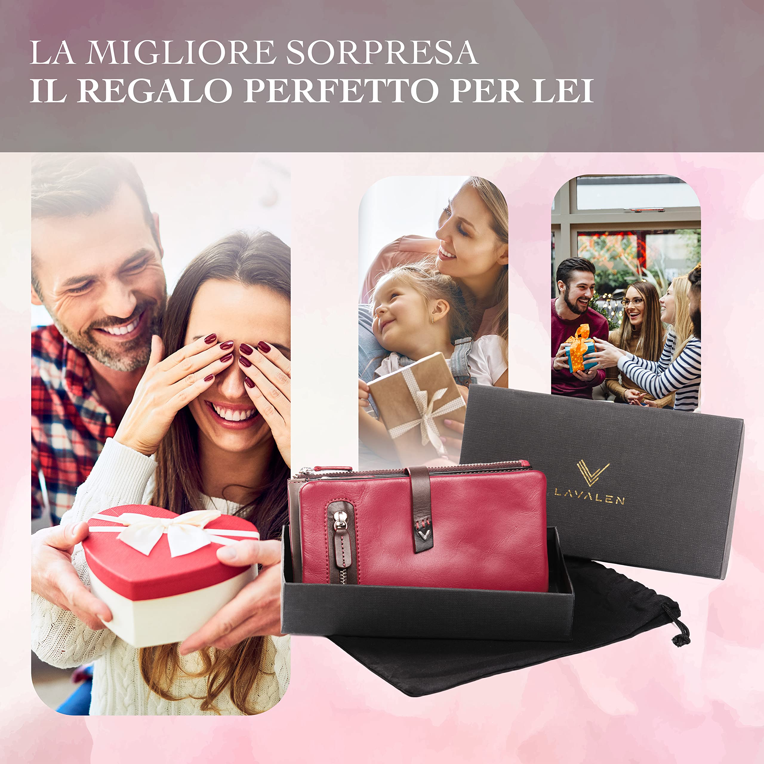 Portafoglio Donna Pelle Vera - Portamonete RFID Fatto a mano - Porta Tessere Firmato Rosso - Regalo Perfetto.