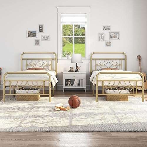 Miniatura 1 de Yaheetech 2 piezas de cama de plataforma de metal dorado antiguo tamaño individual con cabecera de diseño inspirado en estrellas brillantes, base de