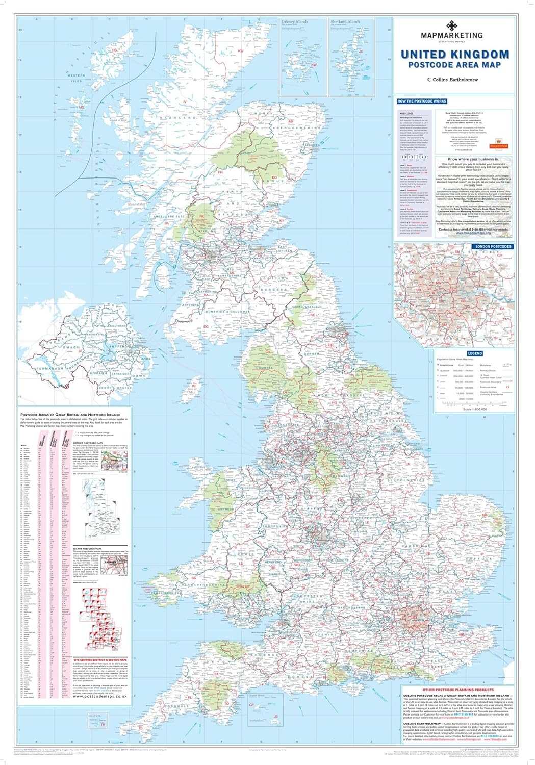 UK Postcode Wall Map - Large Wall Map - 120cm X 83cm - Clearly Shows ...