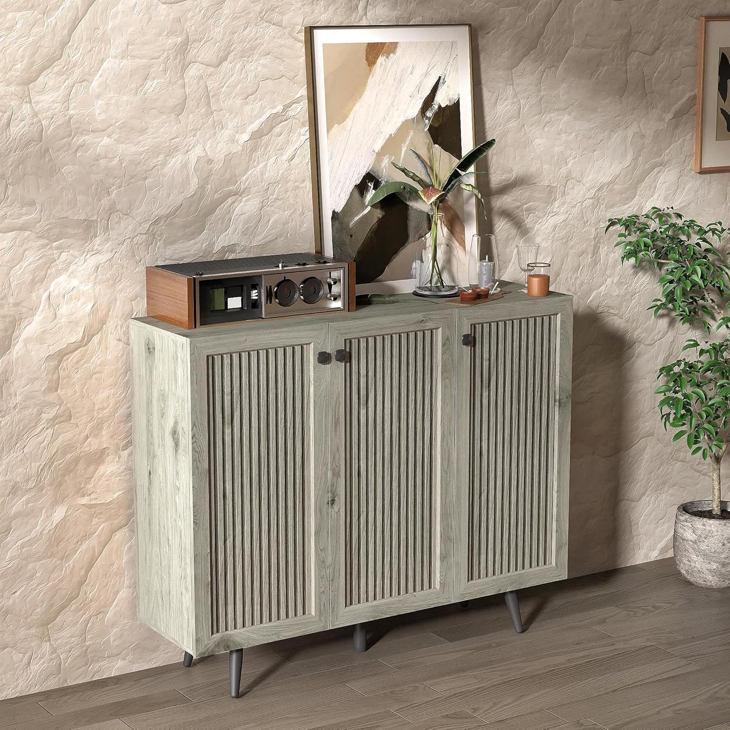 Sideboard Buffet Cabinet with Storage Accent,sideboard cabinet Modern Credenza with 3 Doors & Adjustable Shelves,Wood Coffee Bar Table Console for Dining Room Kitchen Living Room Entryway,cyan-blue