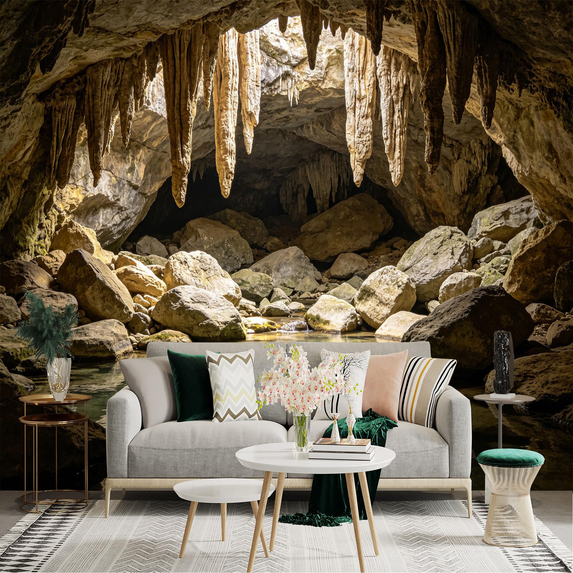 Lnzczhyre Dbh260521923 Custom Size Wall Sticker Mural， Natural Underground Cave， Limestone Stalactites， Serene Crystal Clear Water， Geological Formation， For Wall Decoration， Peelandstick Wall Decals.