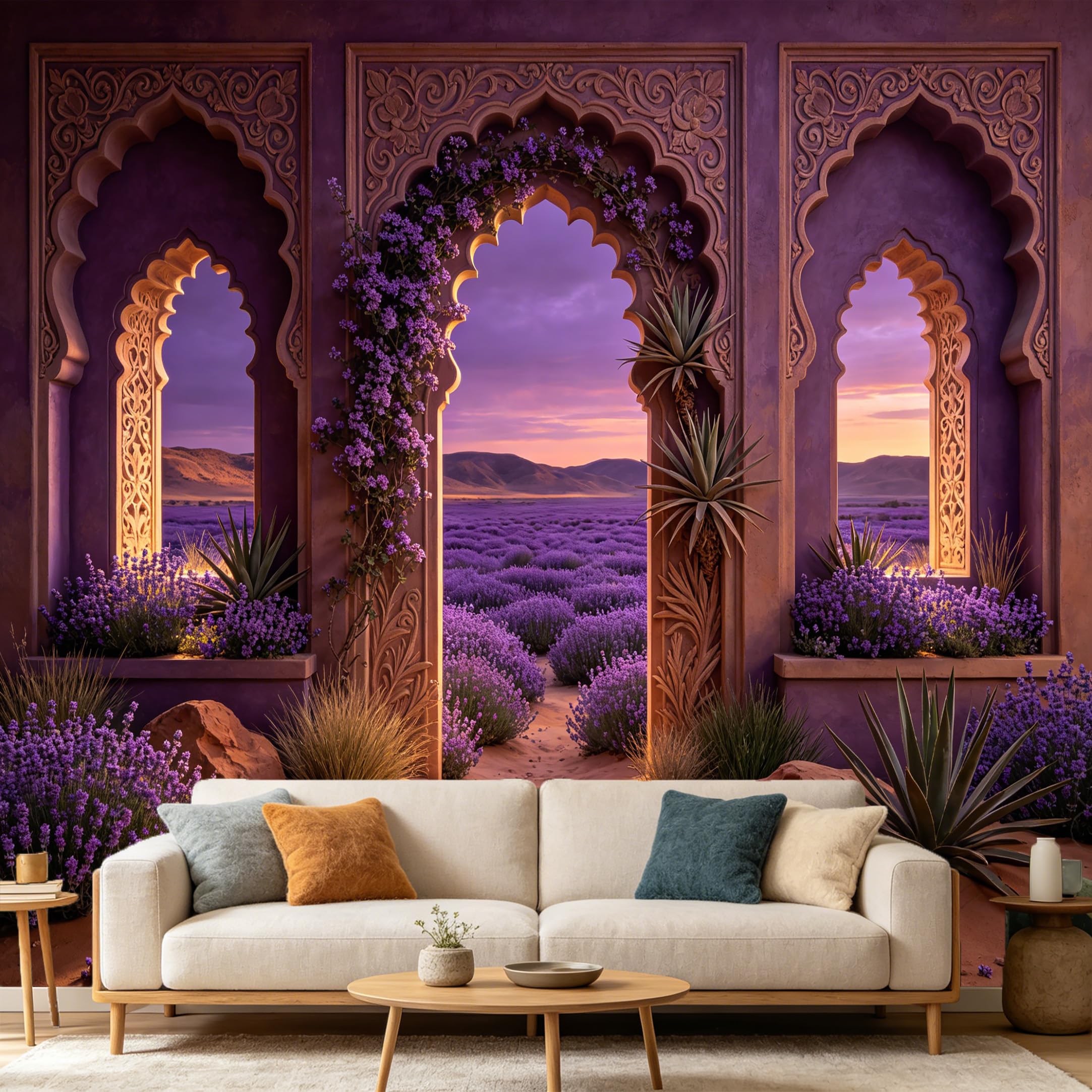 Custom Size Wall Mural， Moroccan Arch Desert Lavender Field Landscape 3D Illusion， SelfAdhesive Art Prints wall Fabric Removable Large Wallpaper Home Living Room Decor