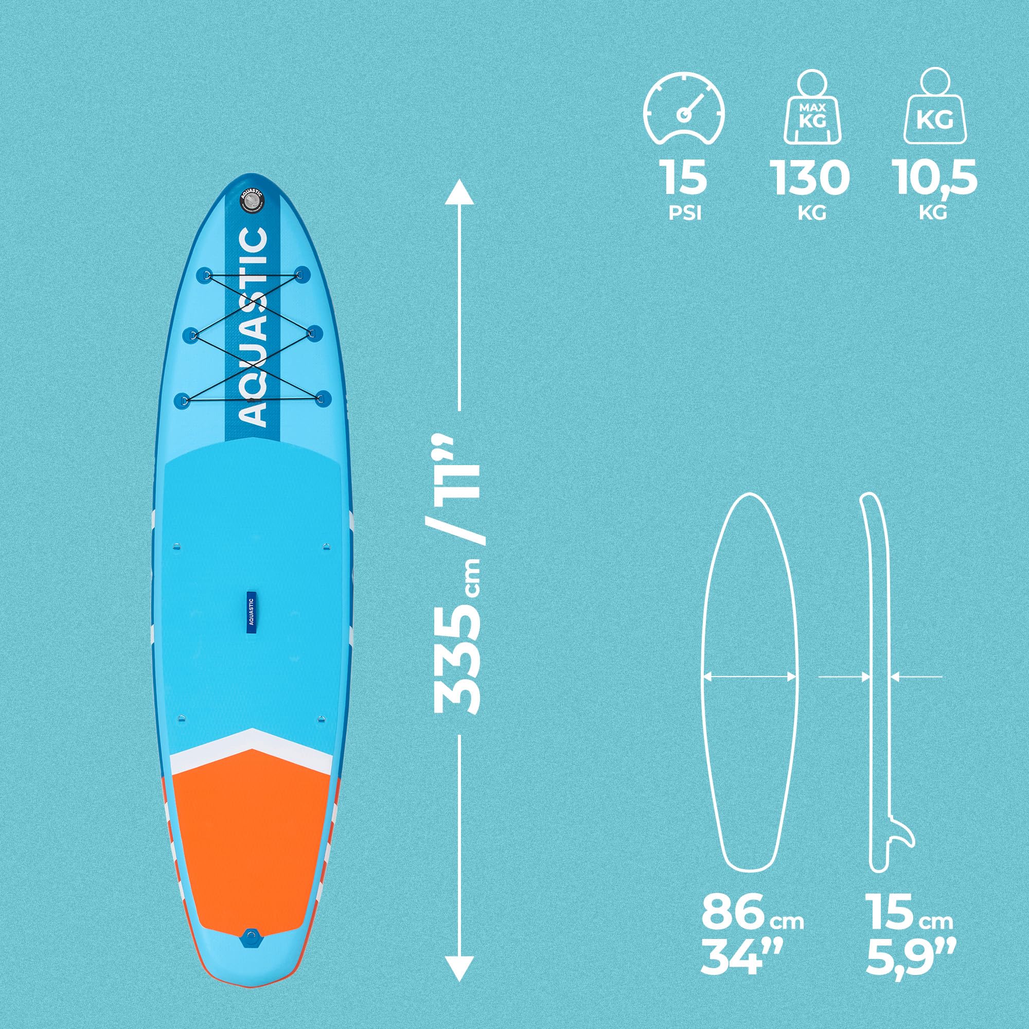 AQUASTIC Deska Perth 11” SUP z Akcesoriami Pneumatyczna Allround o Wymiarach 335,5 x 86,5 x 15 cm Pomarańczowa Dla Początkujących Do Pływania Dmuchana Technologia Drop-Stitch